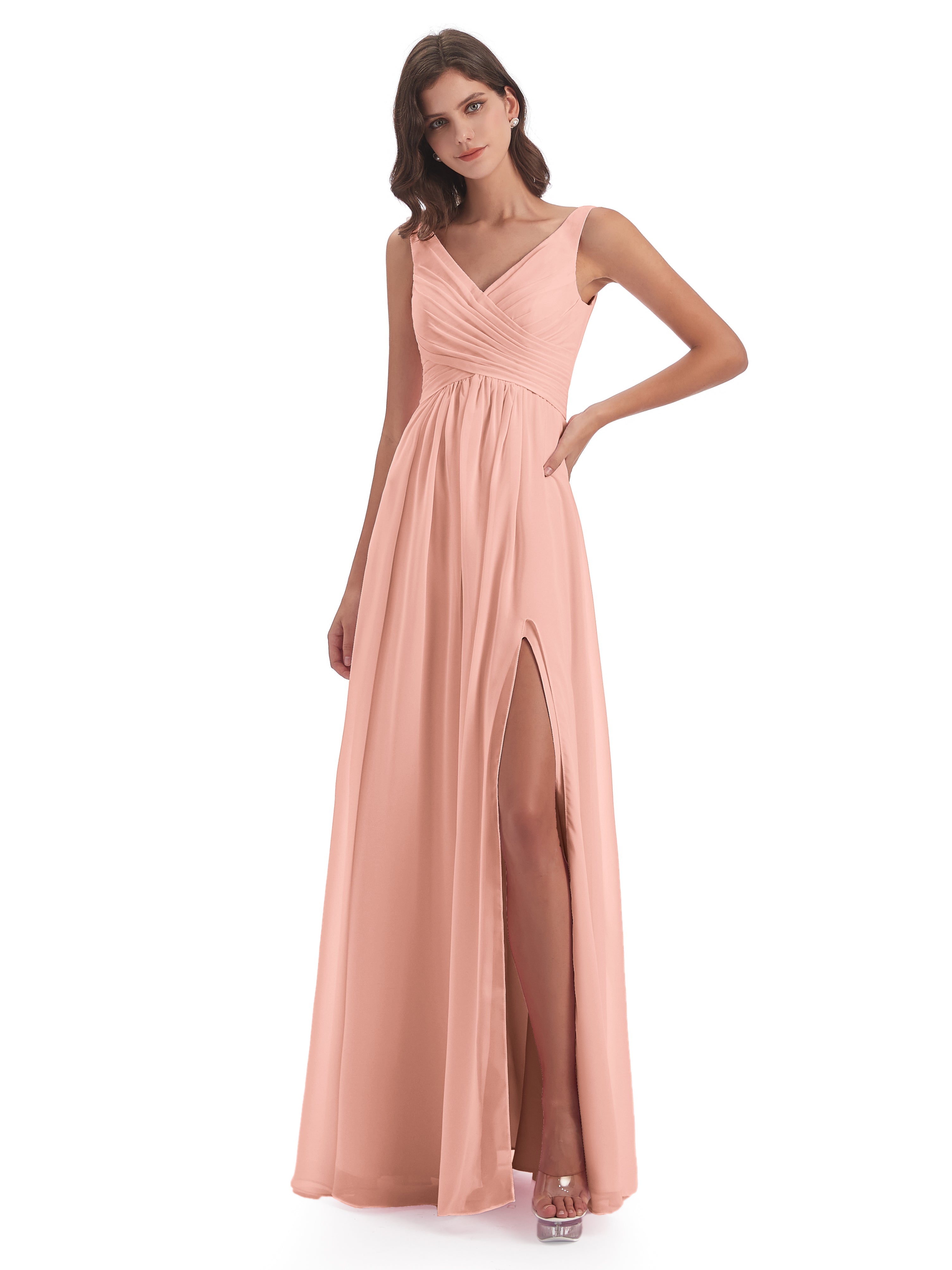 Robe De Demoiselle D Honneur Couleur Corail Col V Fendue Mousseline Robes Demoiselle D'Honneur