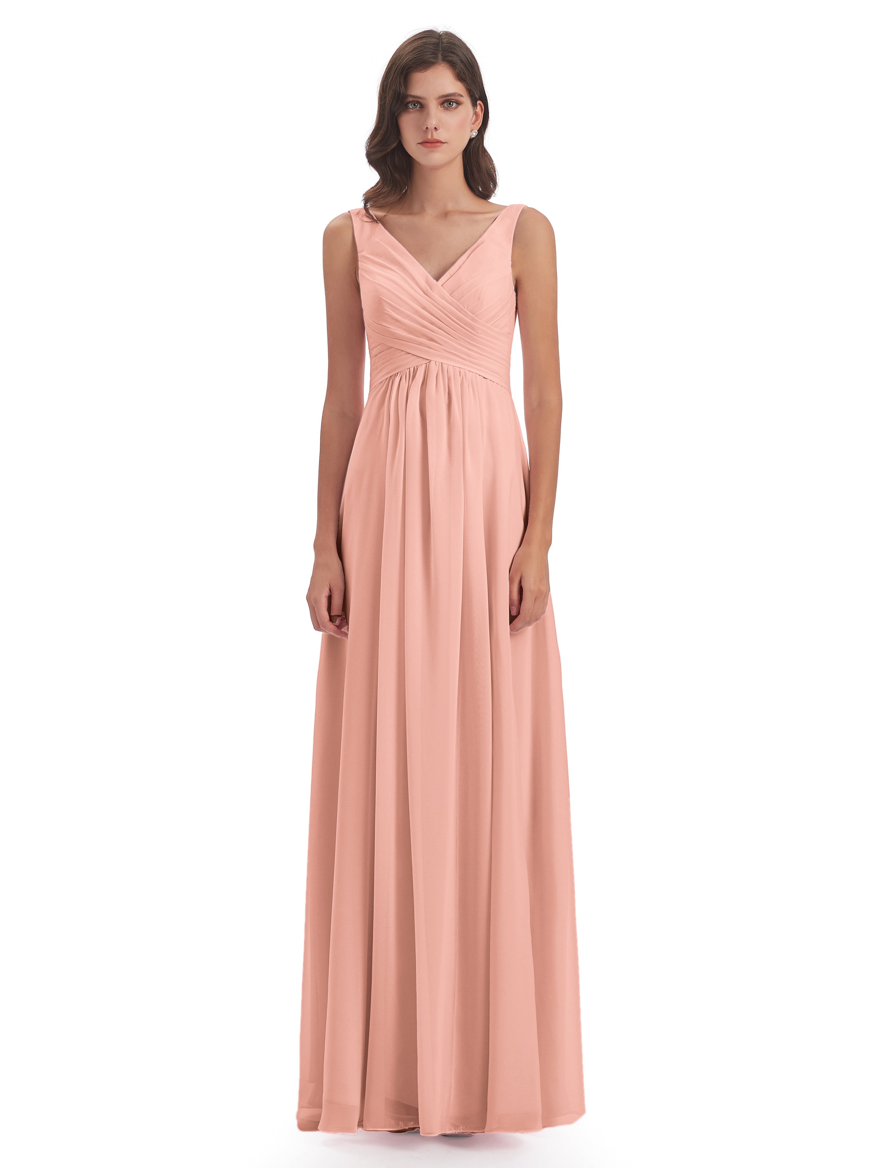 Robe De Demoiselle D Honneur Couleur Corail Col V Fendue Mousseline Robes Demoiselle D'Honneur
