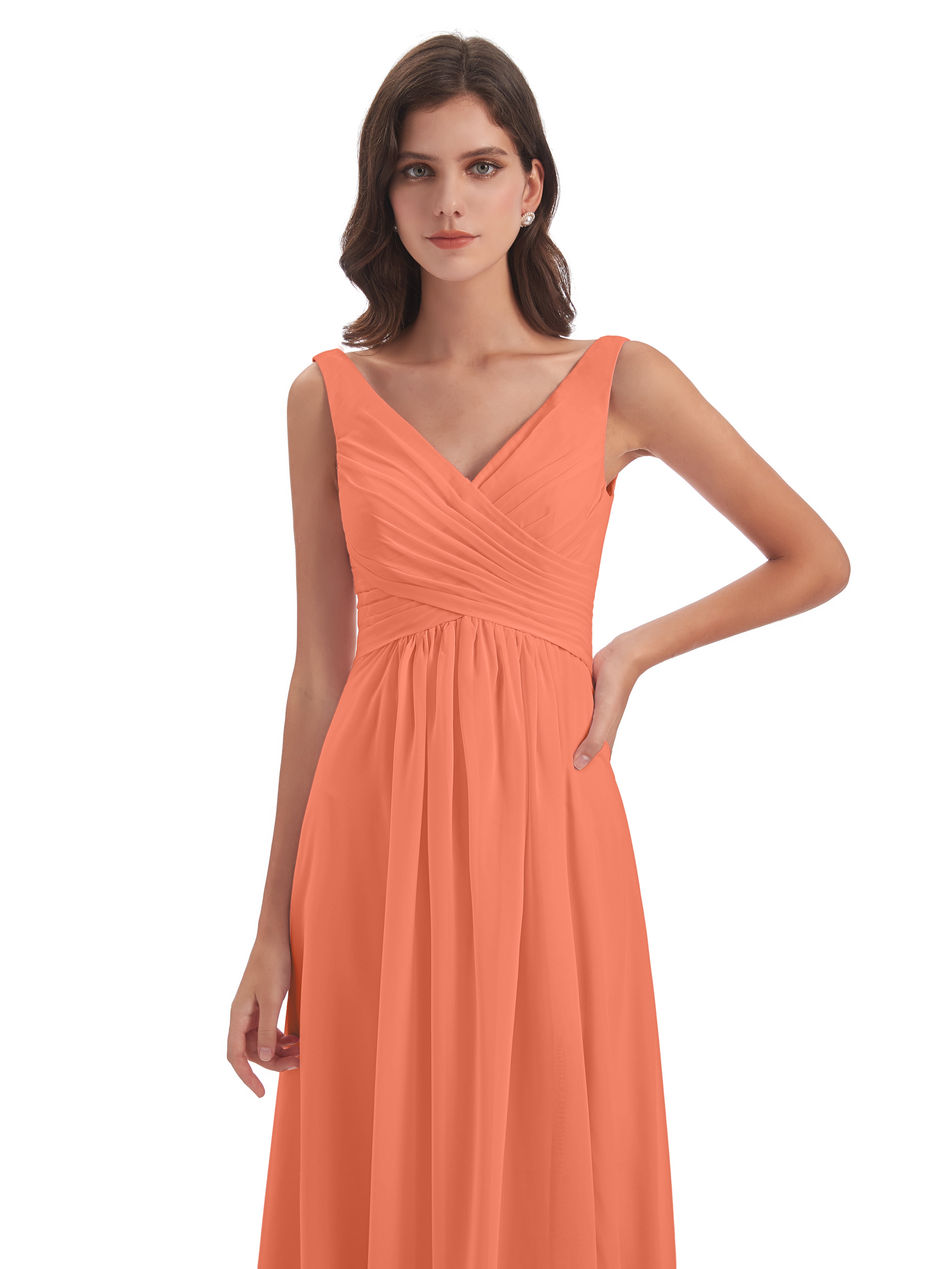 Robes De Demoiselle D'Honneur Coucher De Soleil Col V Fendue Mousseline Robes Demoiselle D'Honneur
