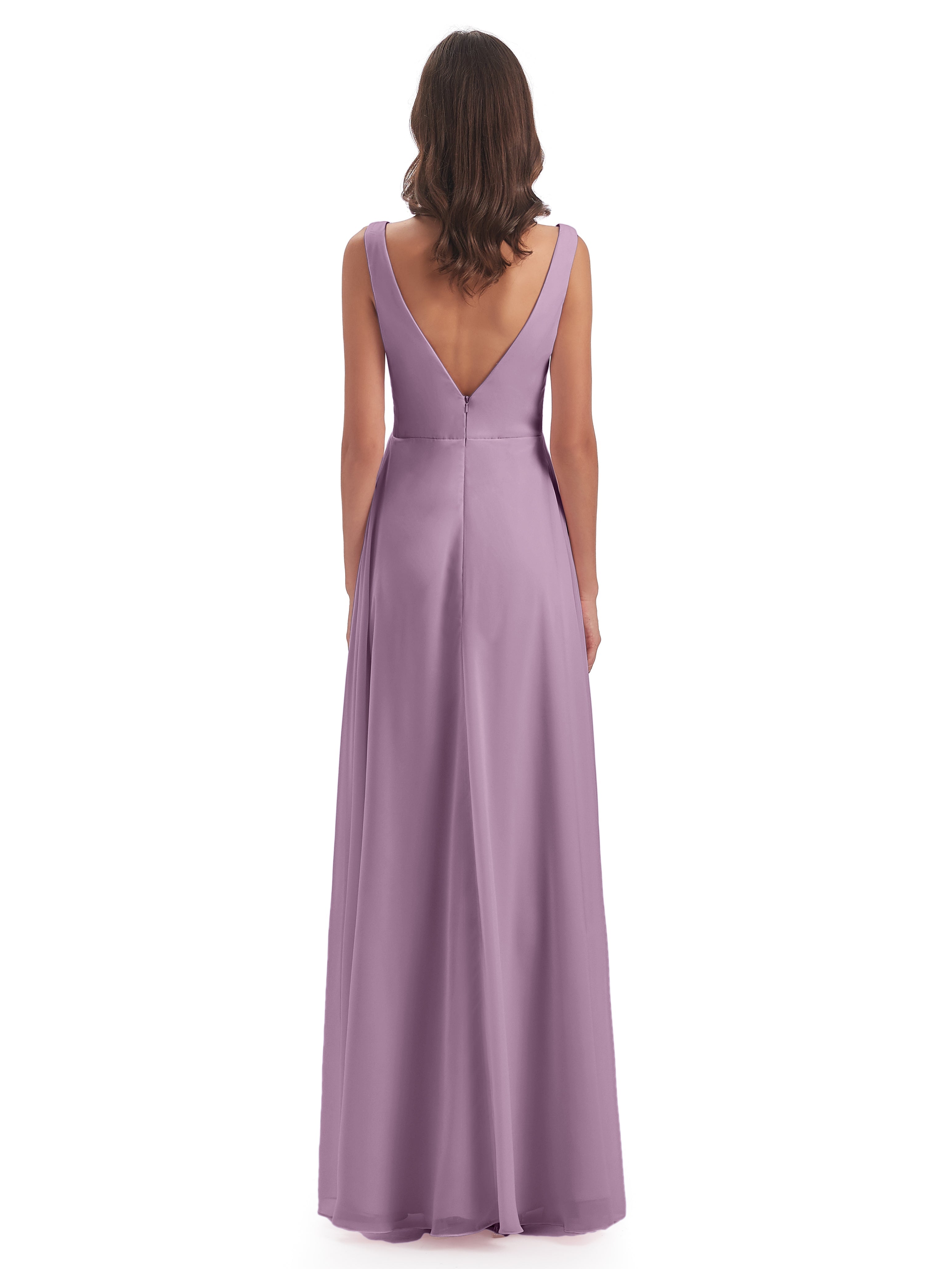 Robes De Demoiselle D'Honneur Glycine Col V Fendue Mousseline Robes Demoiselle D'Honneur