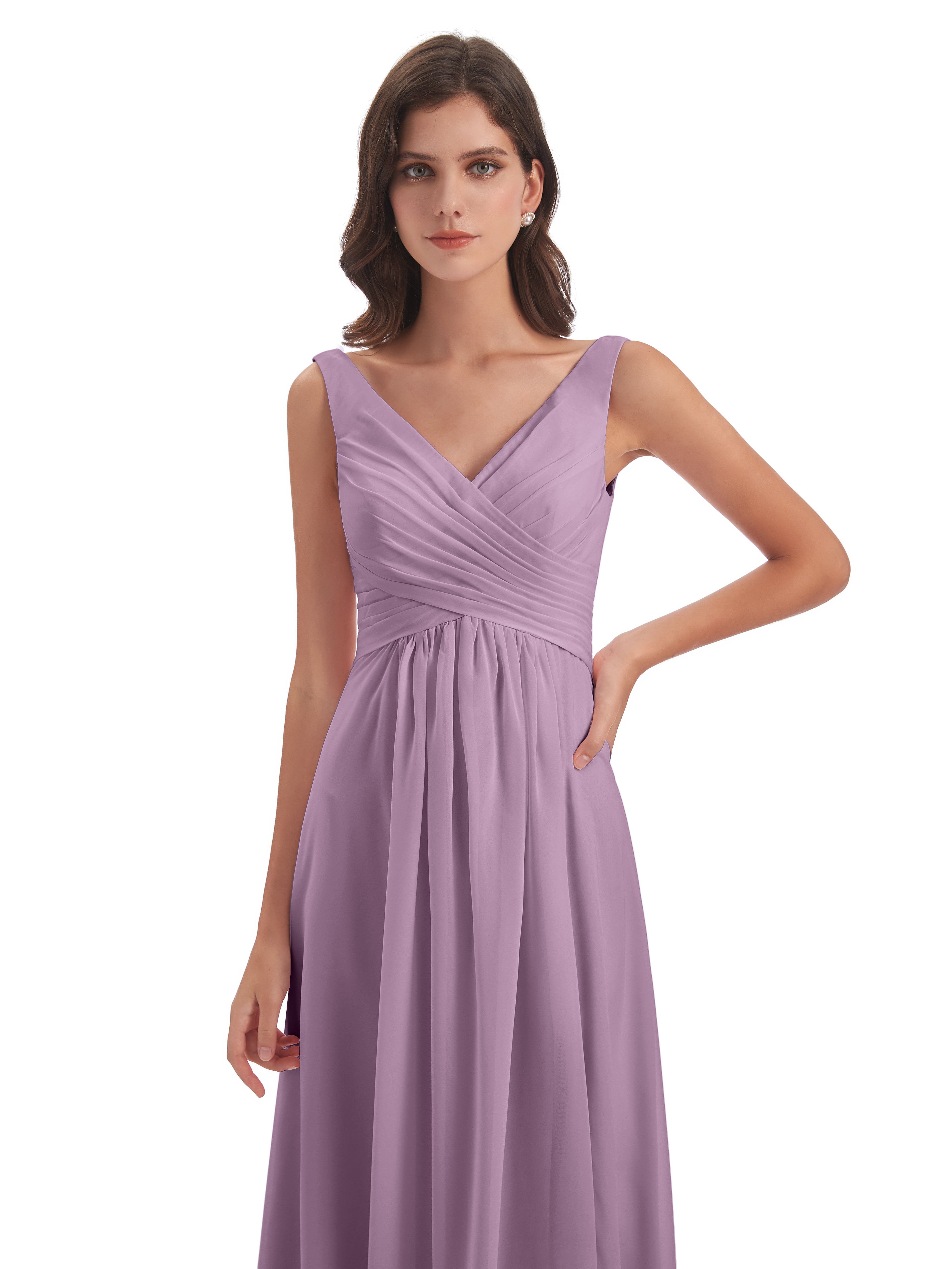Robes De Demoiselle D'Honneur Glycine Col V Fendue Mousseline Robes Demoiselle D'Honneur