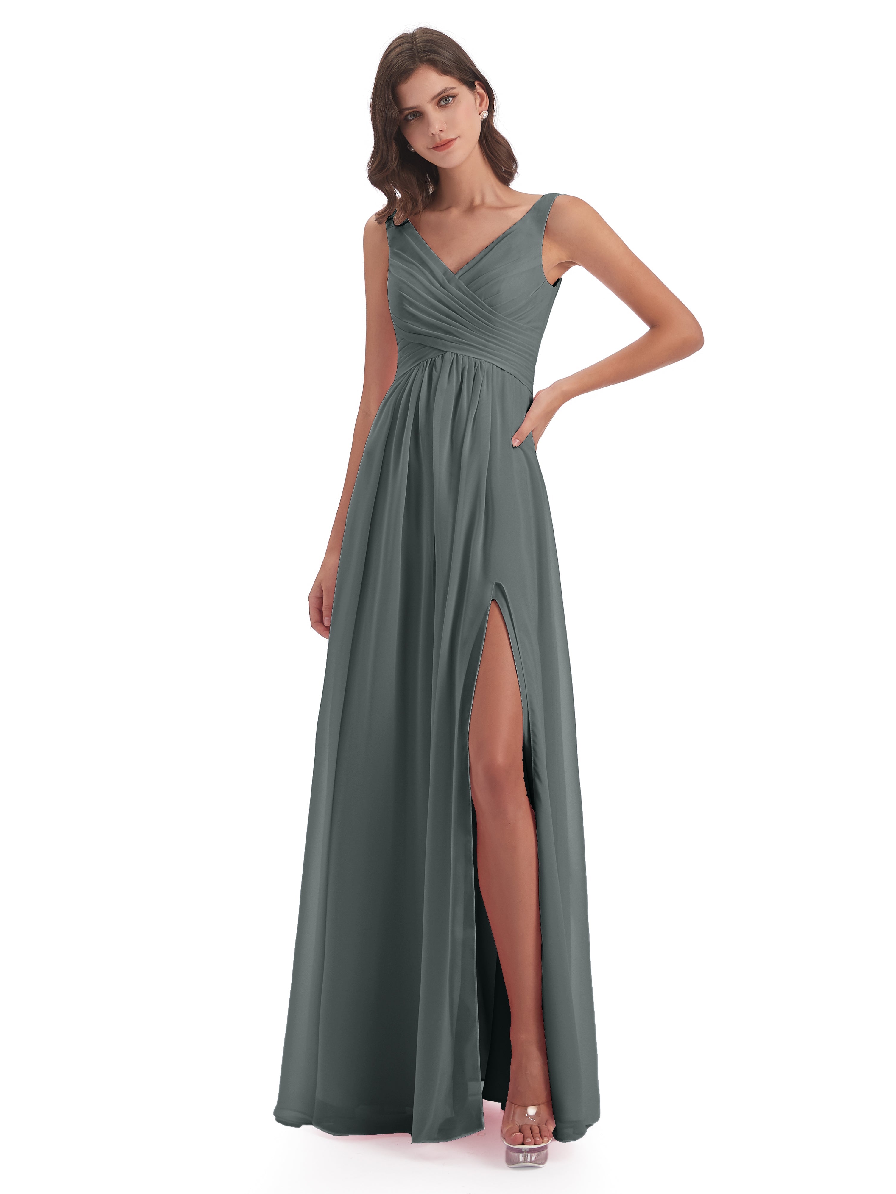 Robe Grise Demoiselle D Honneur Col V Fendue Mousseline Robes Demoiselle D'Honneur