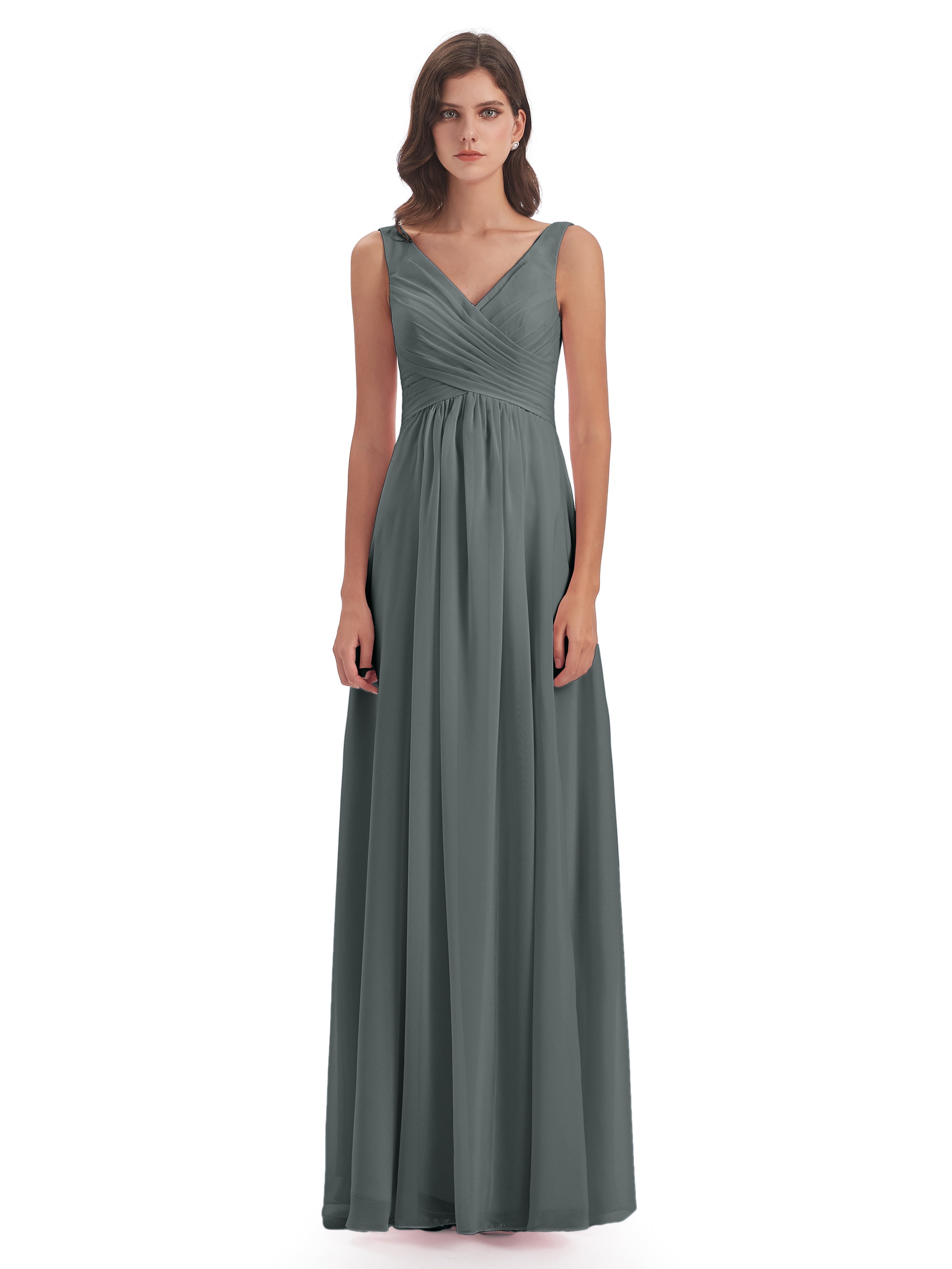 Robe Grise Demoiselle D Honneur Col V Fendue Mousseline Robes Demoiselle D'Honneur
