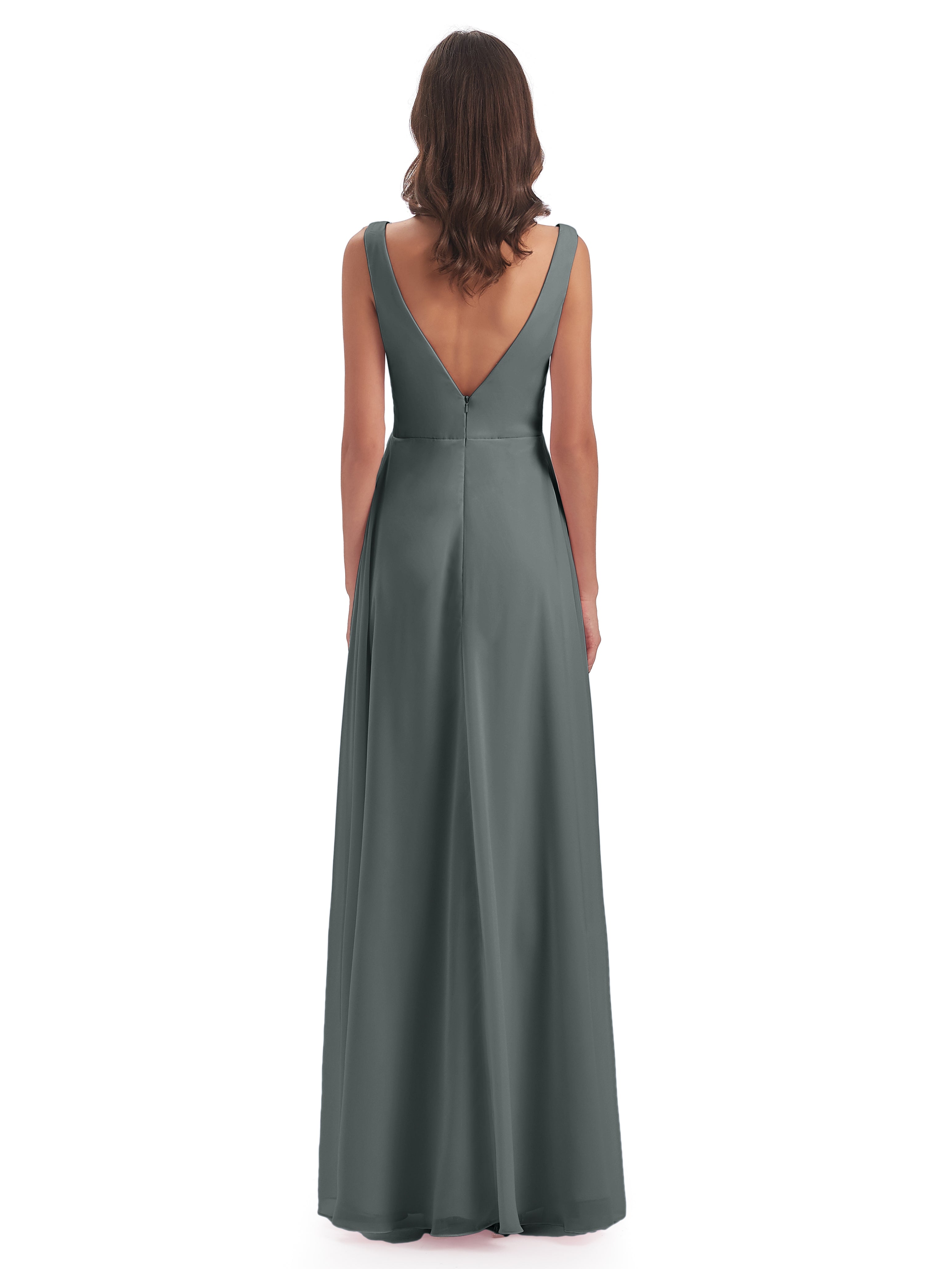 Robe Grise Demoiselle D Honneur Col V Fendue Mousseline Robes Demoiselle D'Honneur