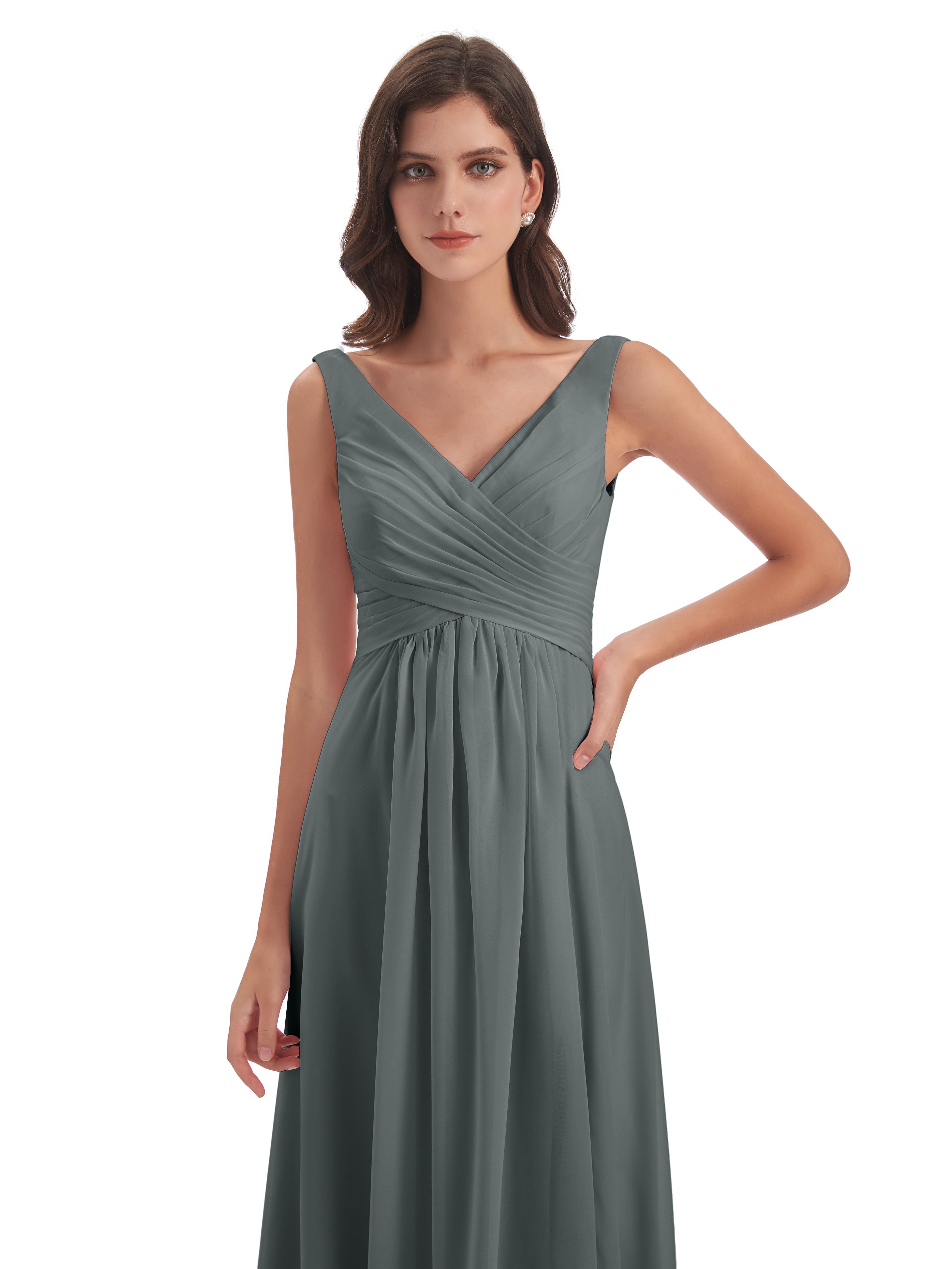 Robe Grise Demoiselle D Honneur Col V Fendue Mousseline Robes Demoiselle D'Honneur
