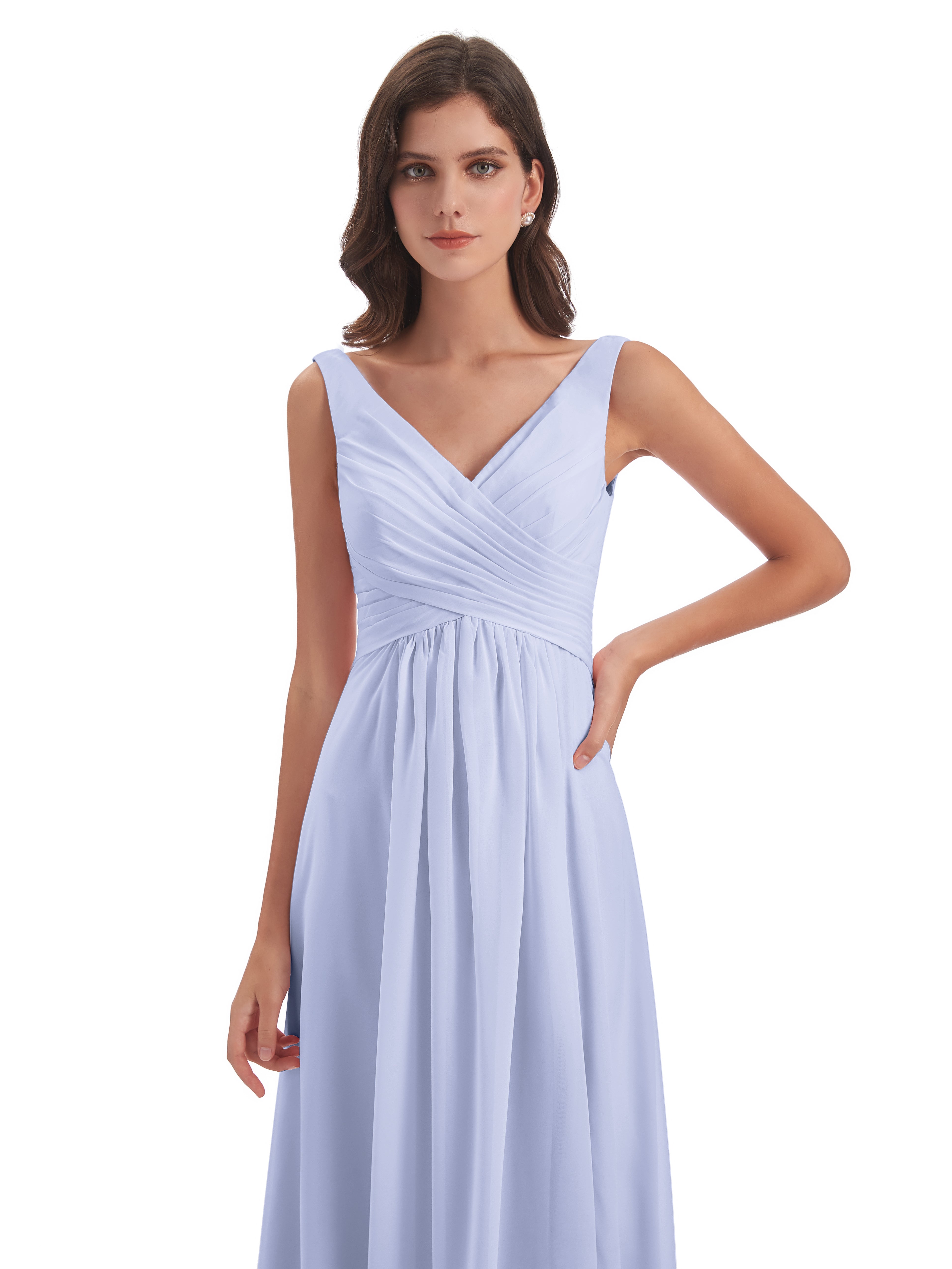 Robe Demoiselle D Honneur Lavande Col V Fendue Mousseline Robes Demoiselle D'Honneur
