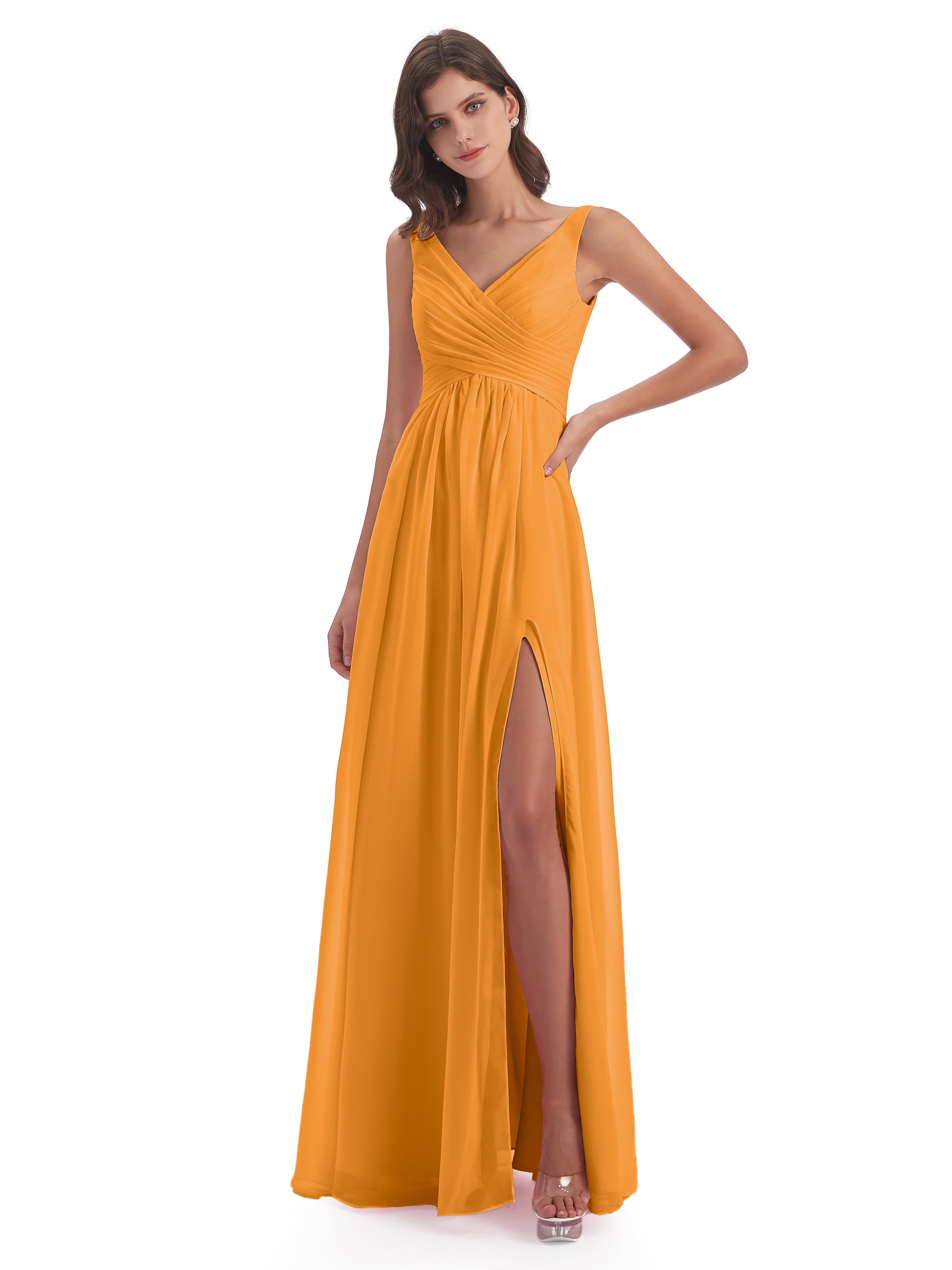 Robes De Demoiselle D'Honneur Mandarine Col V Fendue Mousseline Robes Demoiselle D'Honneur