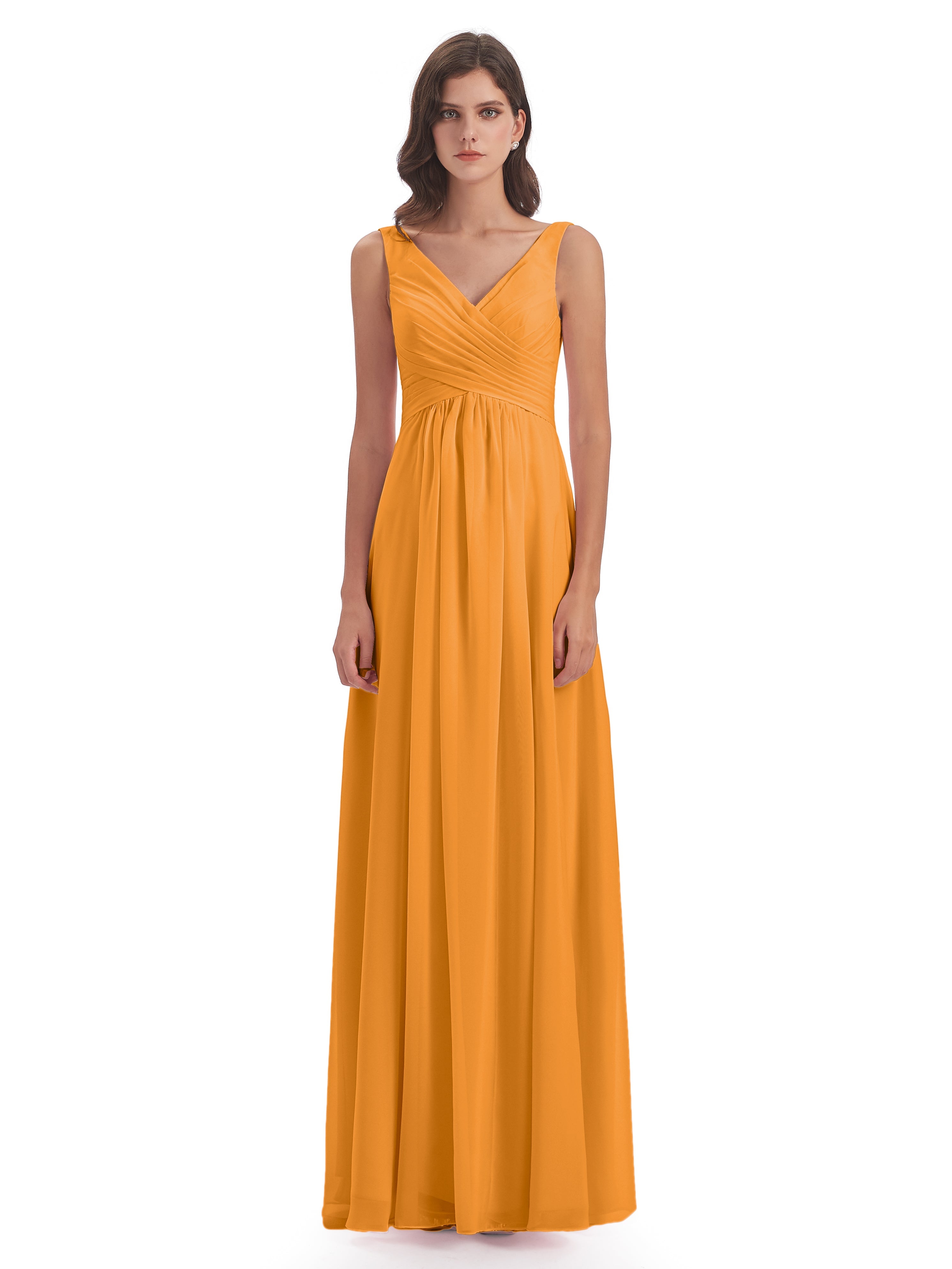 Robes De Demoiselle D'Honneur Mandarine Col V Fendue Mousseline Robes Demoiselle D'Honneur