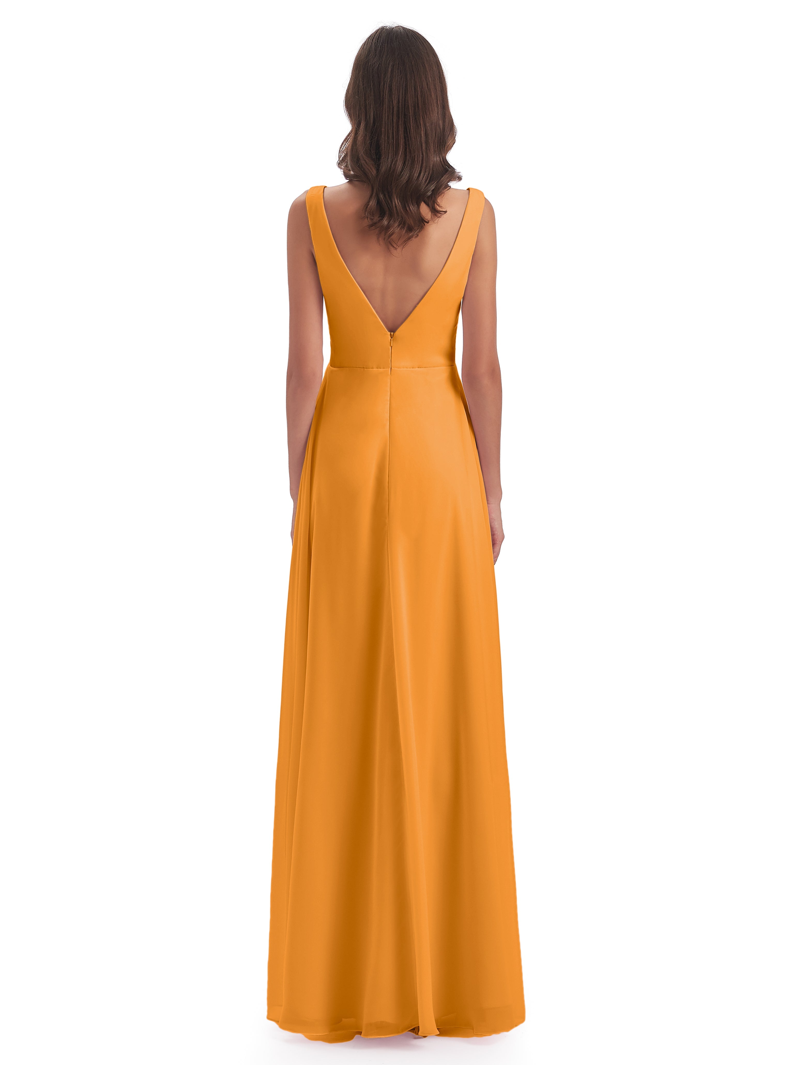 Robes De Demoiselle D'Honneur Mandarine Col V Fendue Mousseline Robes Demoiselle D'Honneur