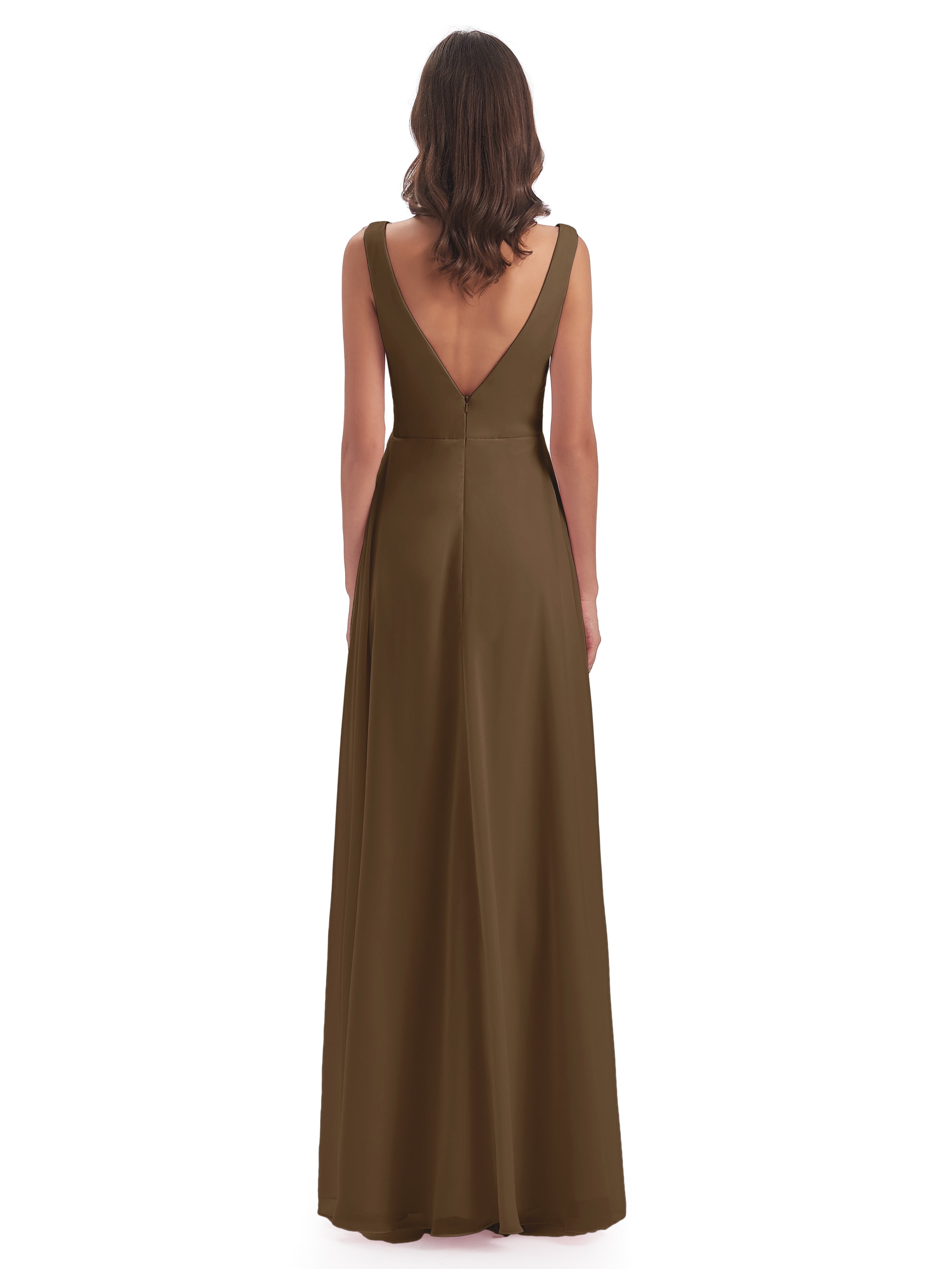 Robe Demoiselle D Honneur Moka Col V Fendue Mousseline Robes Demoiselle D'Honneur