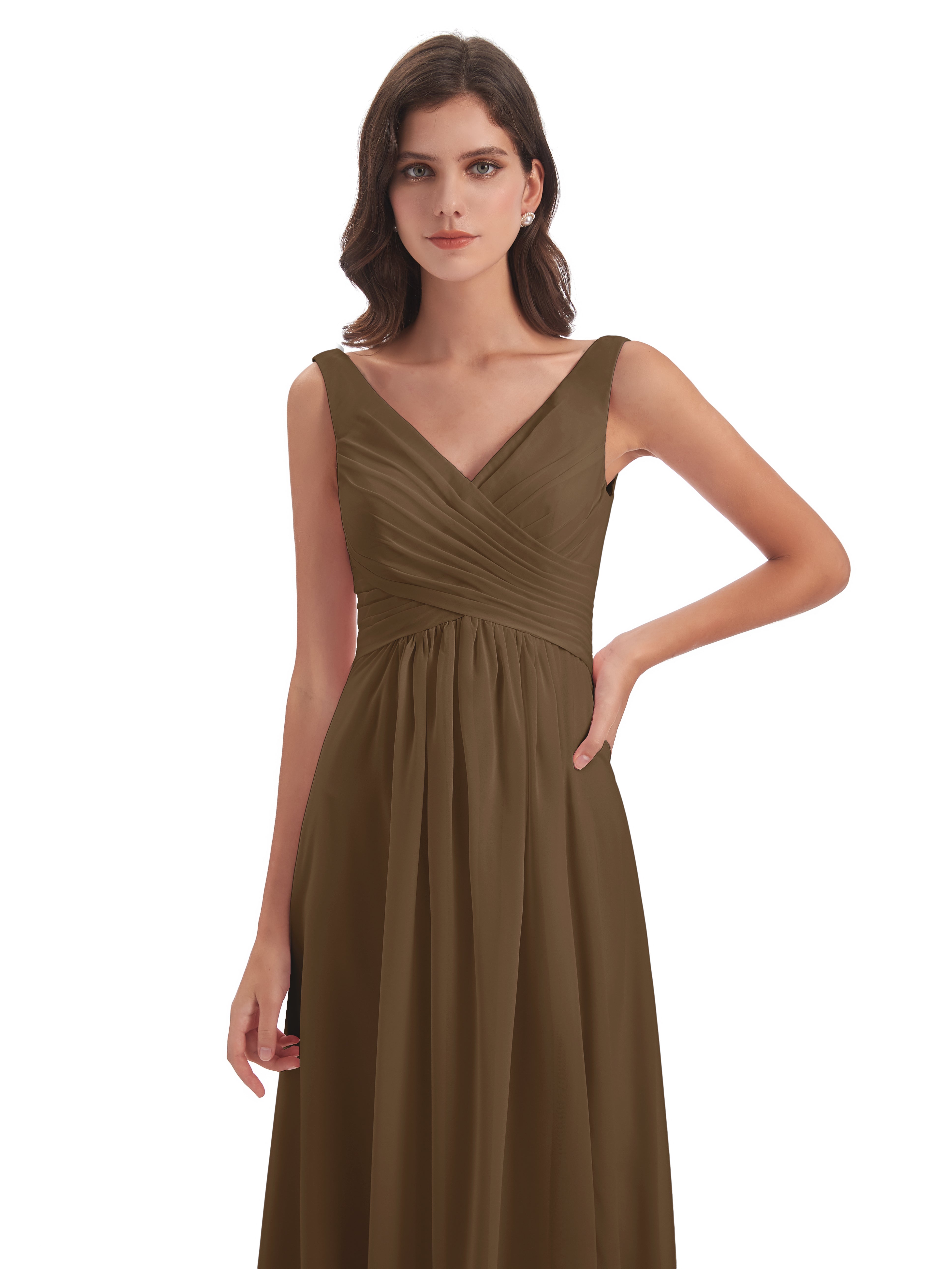 Robe Demoiselle D Honneur Moka Col V Fendue Mousseline Robes Demoiselle D'Honneur