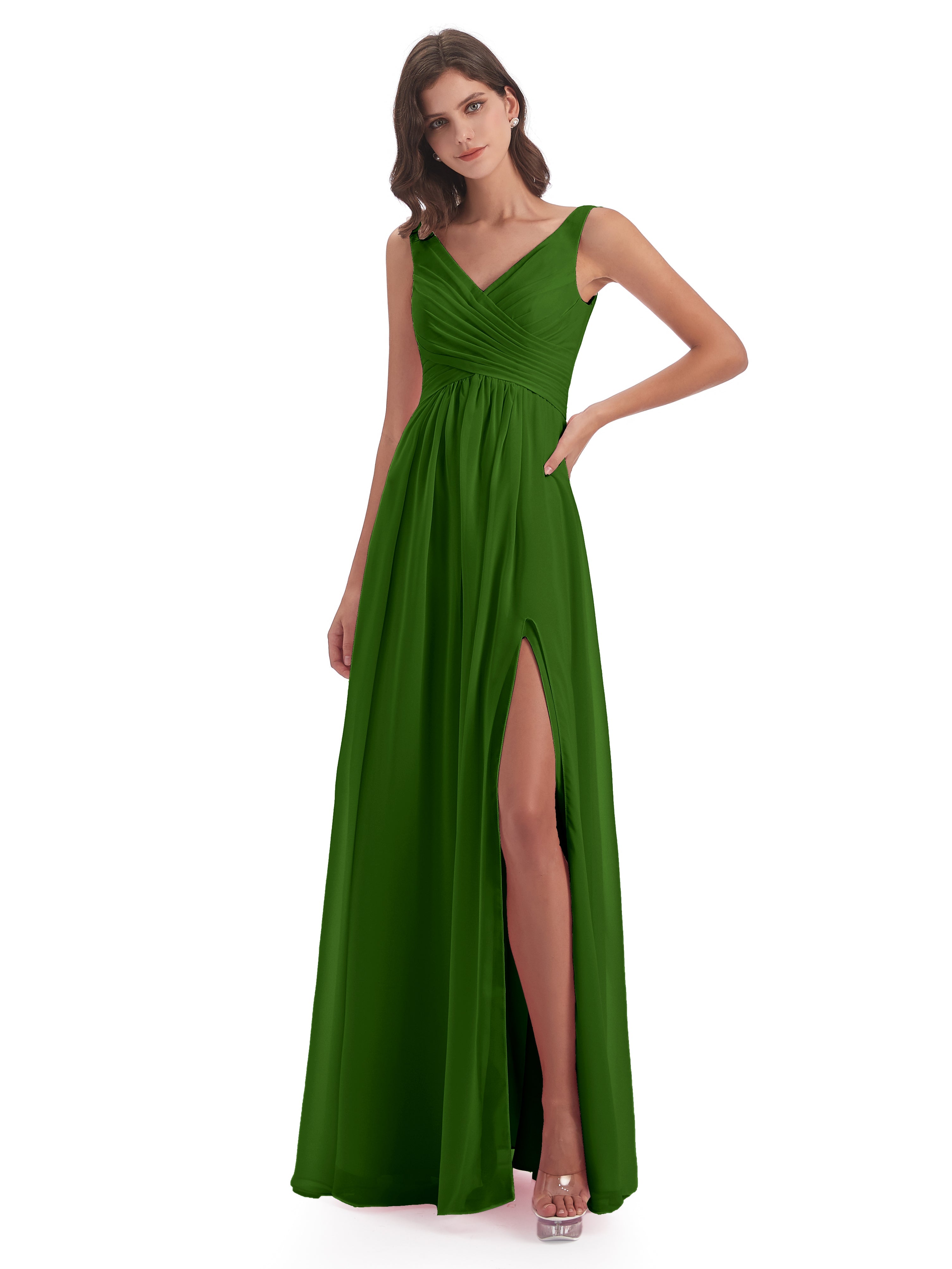 Robes De Demoiselle D'Honneur Vert Mousse Col V Fendue Mousseline Robes Demoiselle D'Honneur