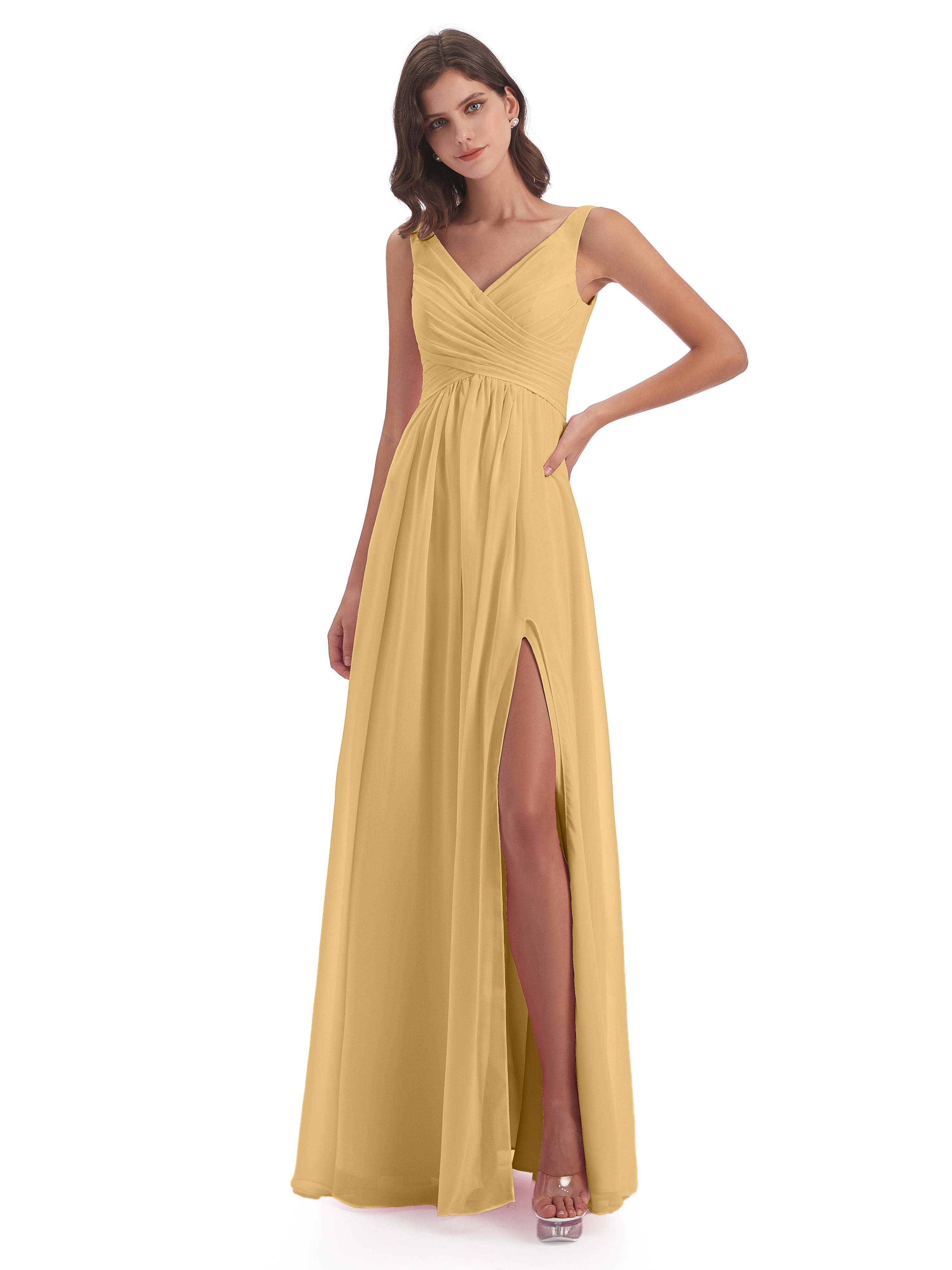 Robe Or Demoiselle D Honneur Col V Fendue Mousseline Robes Demoiselle D'Honneur