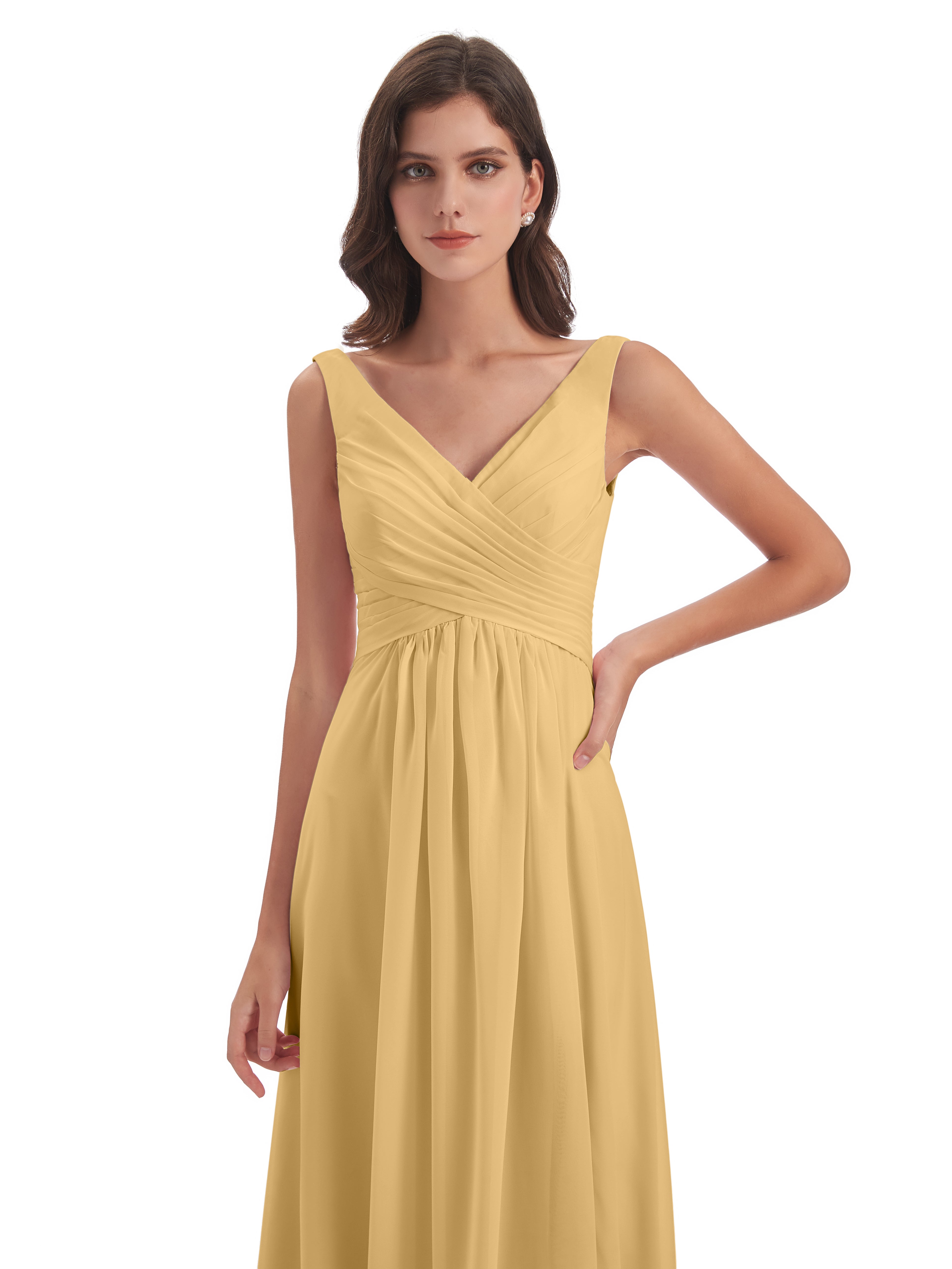 Robe Or Demoiselle D Honneur Col V Fendue Mousseline Robes Demoiselle D'Honneur