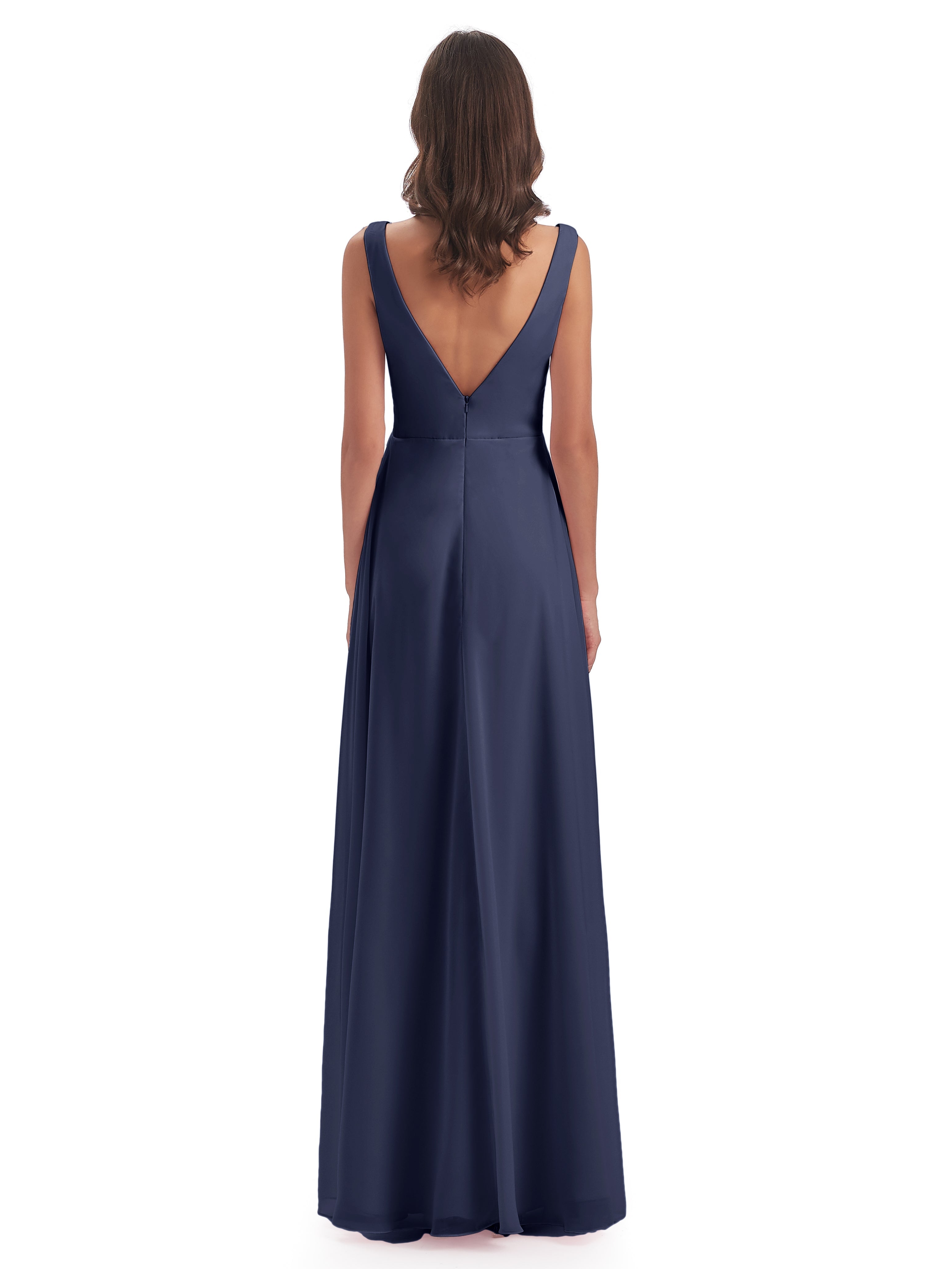 Robes De Demoiselle D'Honneur Bleu Orageux Col V Fendue Mousseline Robes Demoiselle D'Honneur