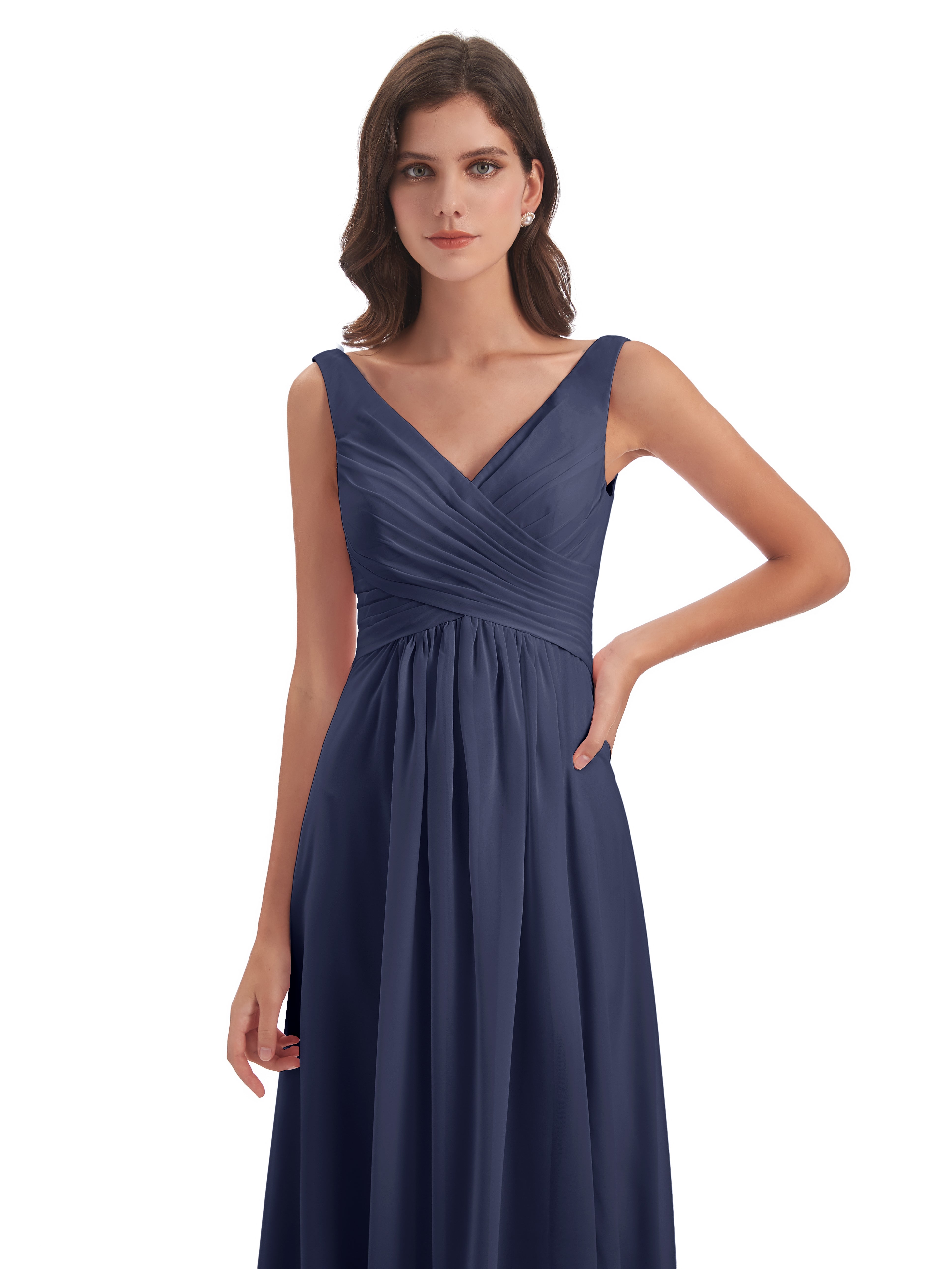 Robes De Demoiselle D'Honneur Bleu Orageux Col V Fendue Mousseline Robes Demoiselle D'Honneur