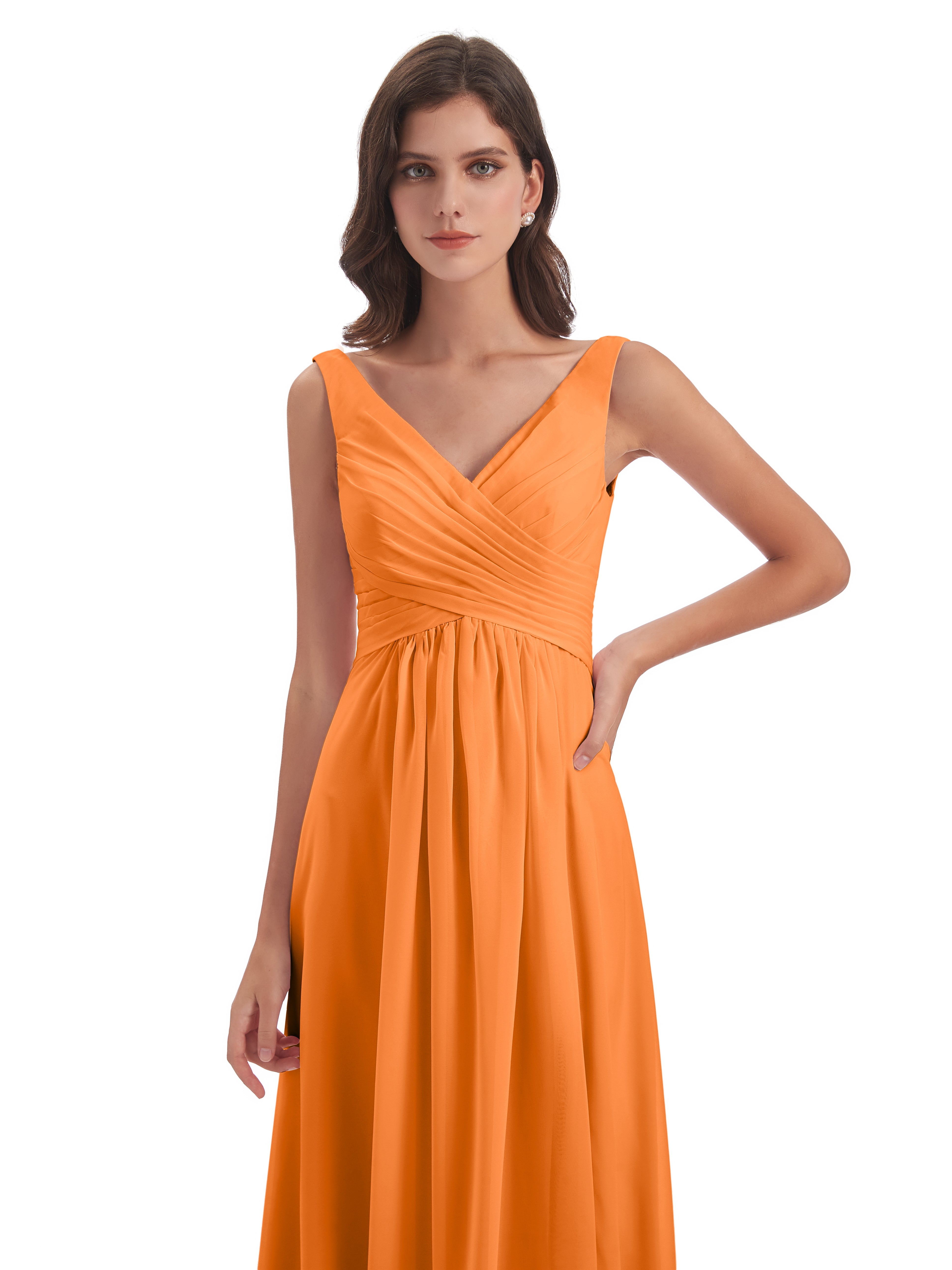 Robe De Demoiselle D Honneur Orange Col V Fendue Mousseline Robes Demoiselle D'Honneur