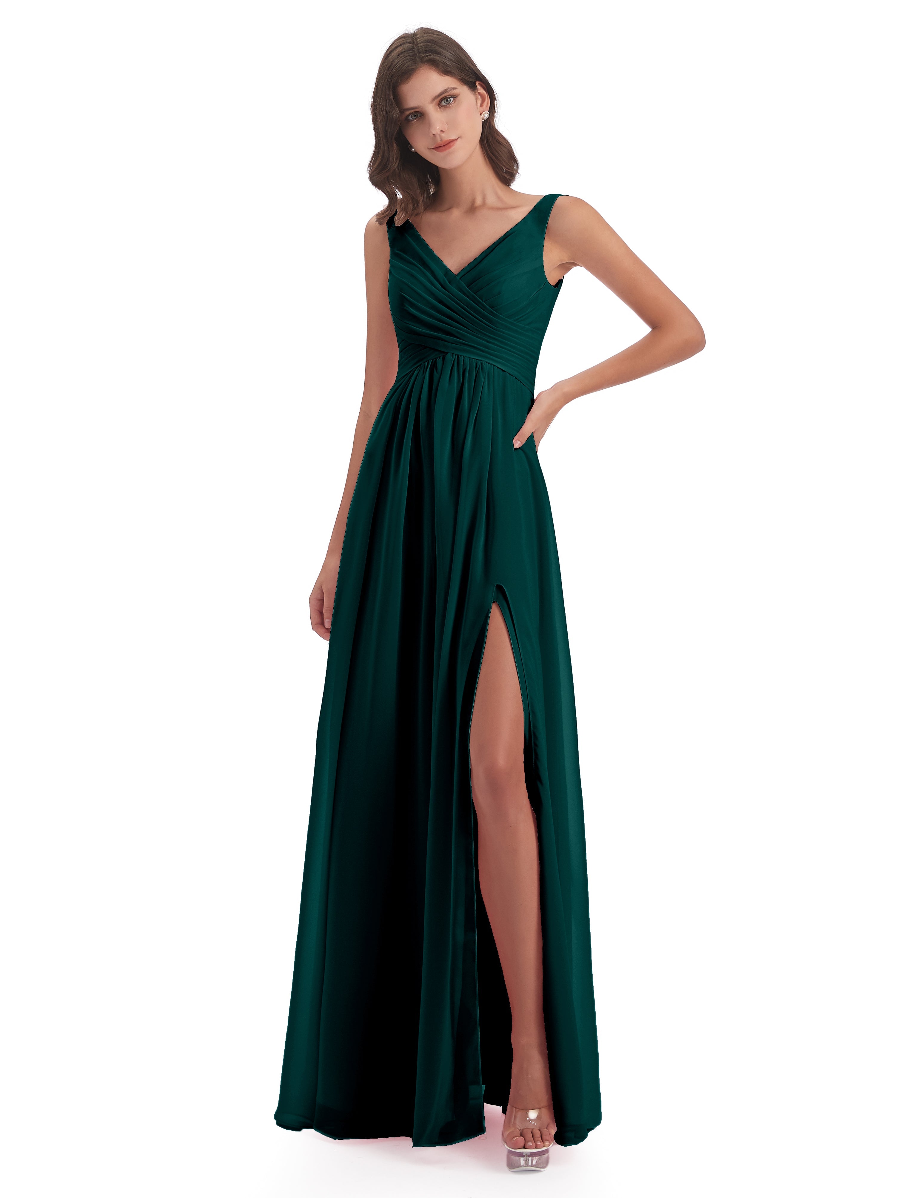 Robes De Demoiselle D'Honneur Paon Col V Fendue Mousseline Robes Demoiselle D'Honneur