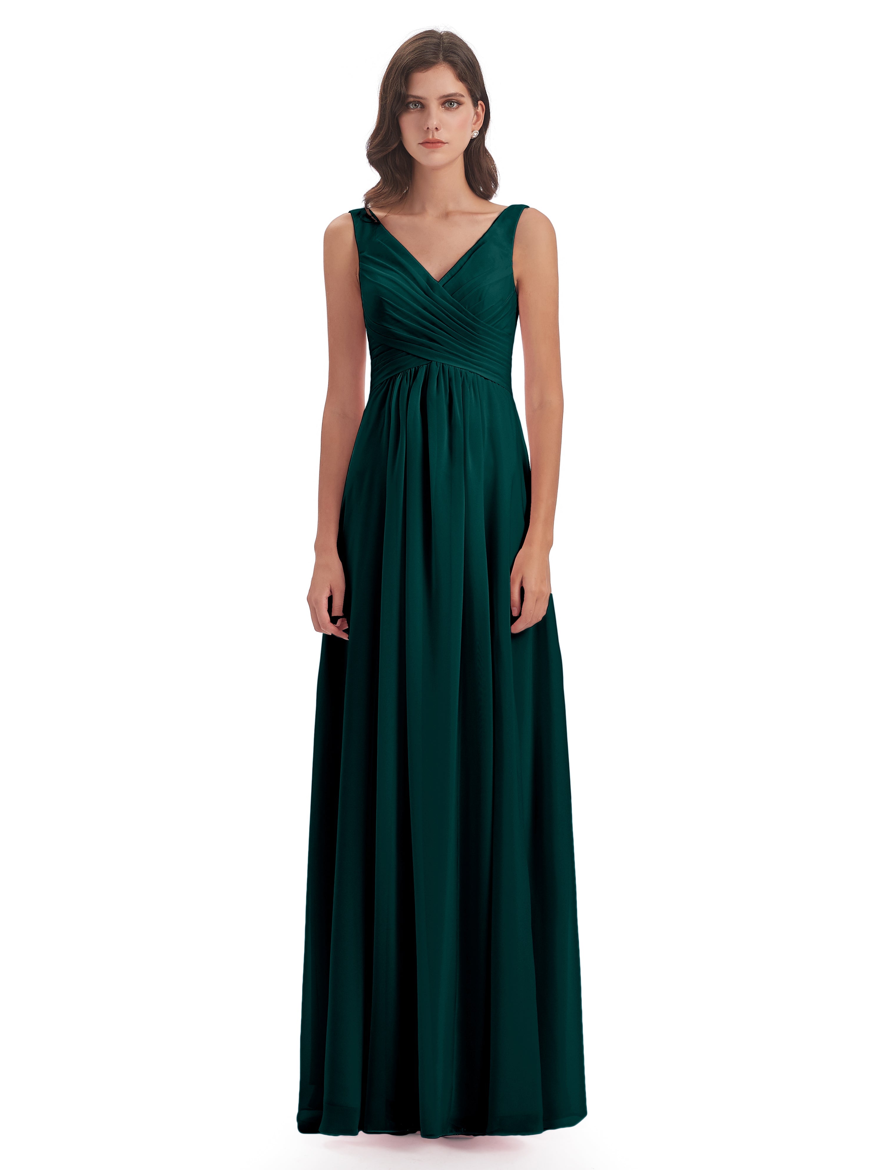 Robes De Demoiselle D'Honneur Paon Col V Fendue Mousseline Robes Demoiselle D'Honneur