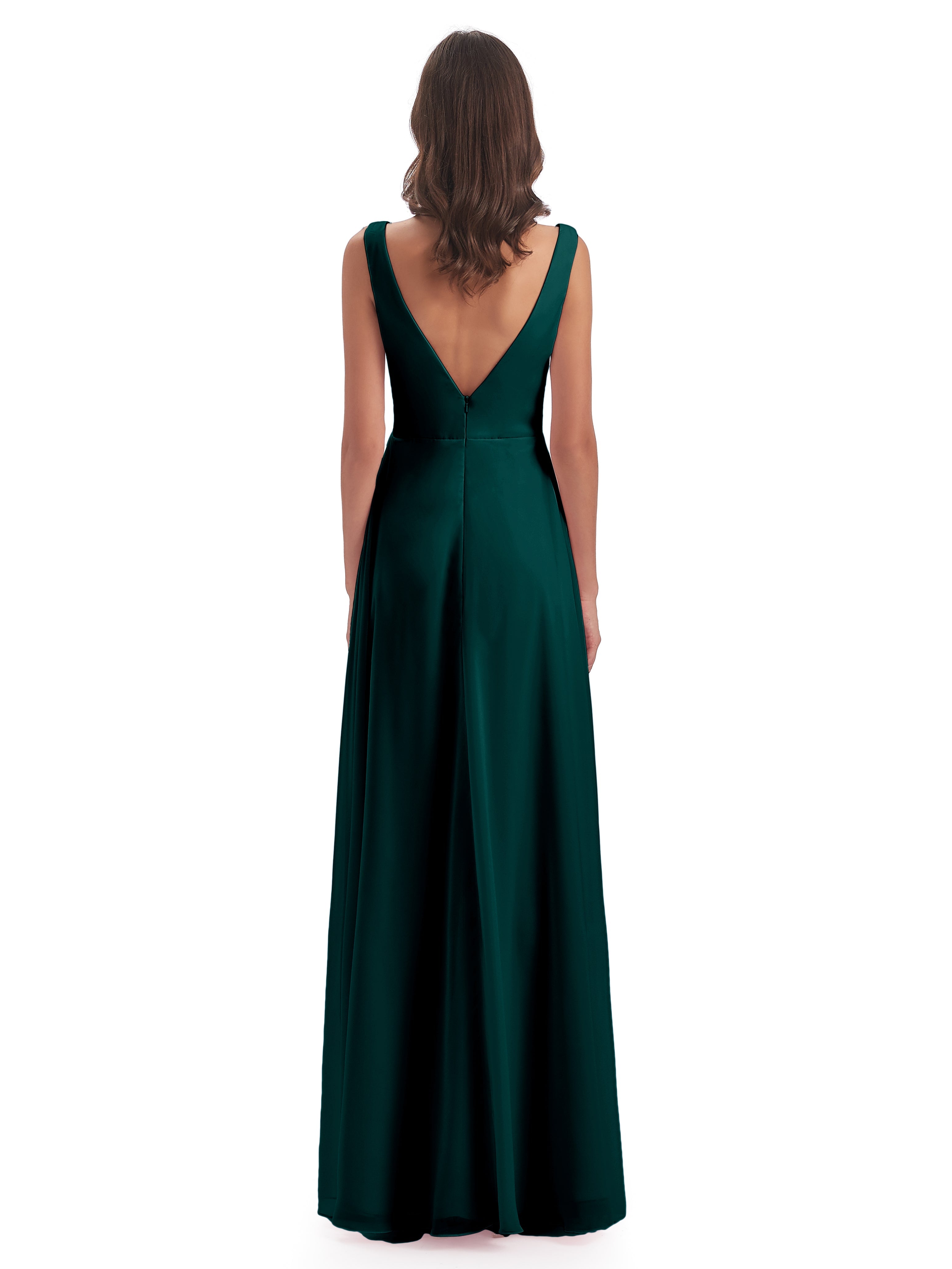 Robes De Demoiselle D'Honneur Paon Col V Fendue Mousseline Robes Demoiselle D'Honneur