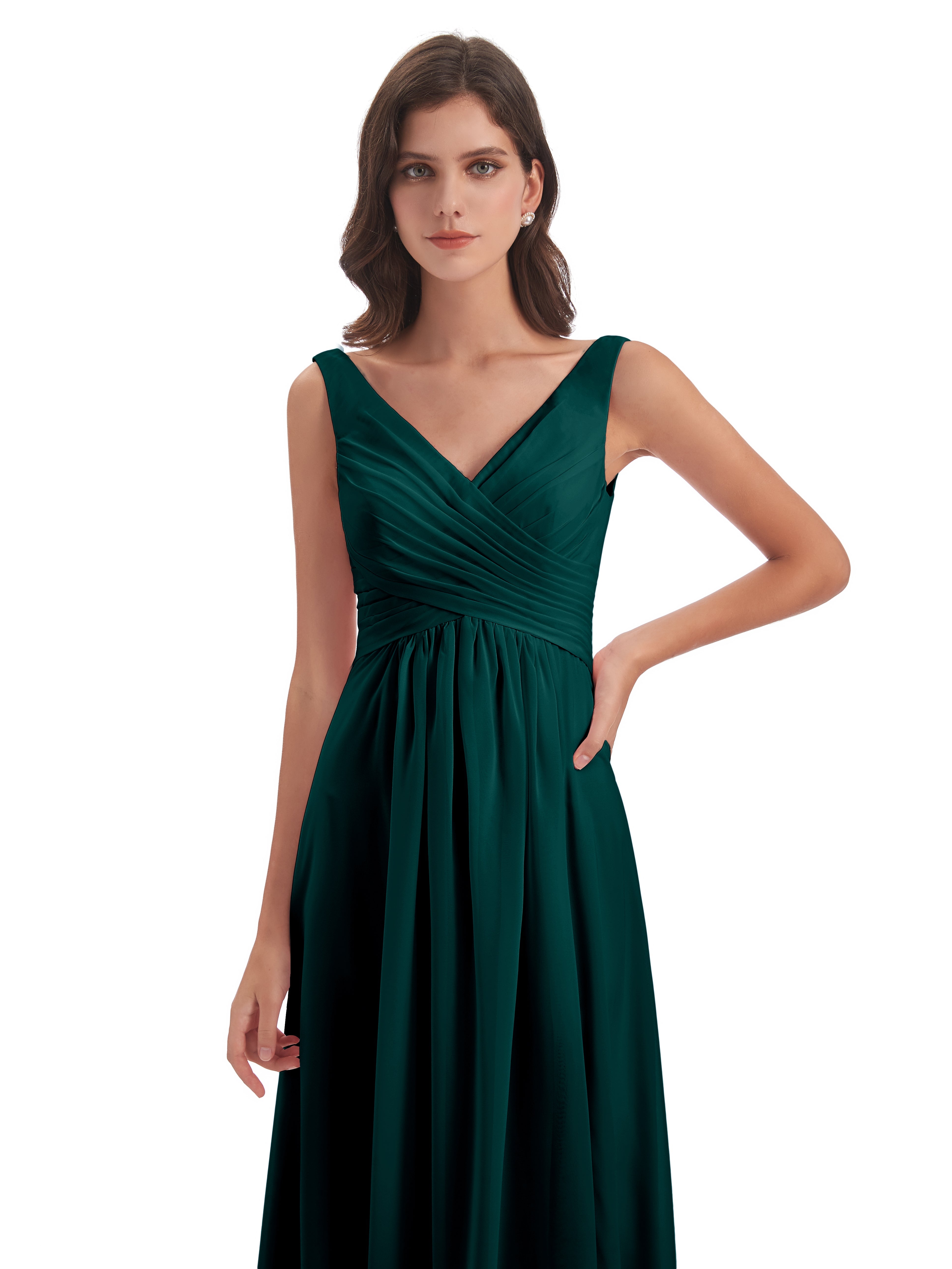 Robes De Demoiselle D'Honneur Paon Col V Fendue Mousseline Robes Demoiselle D'Honneur