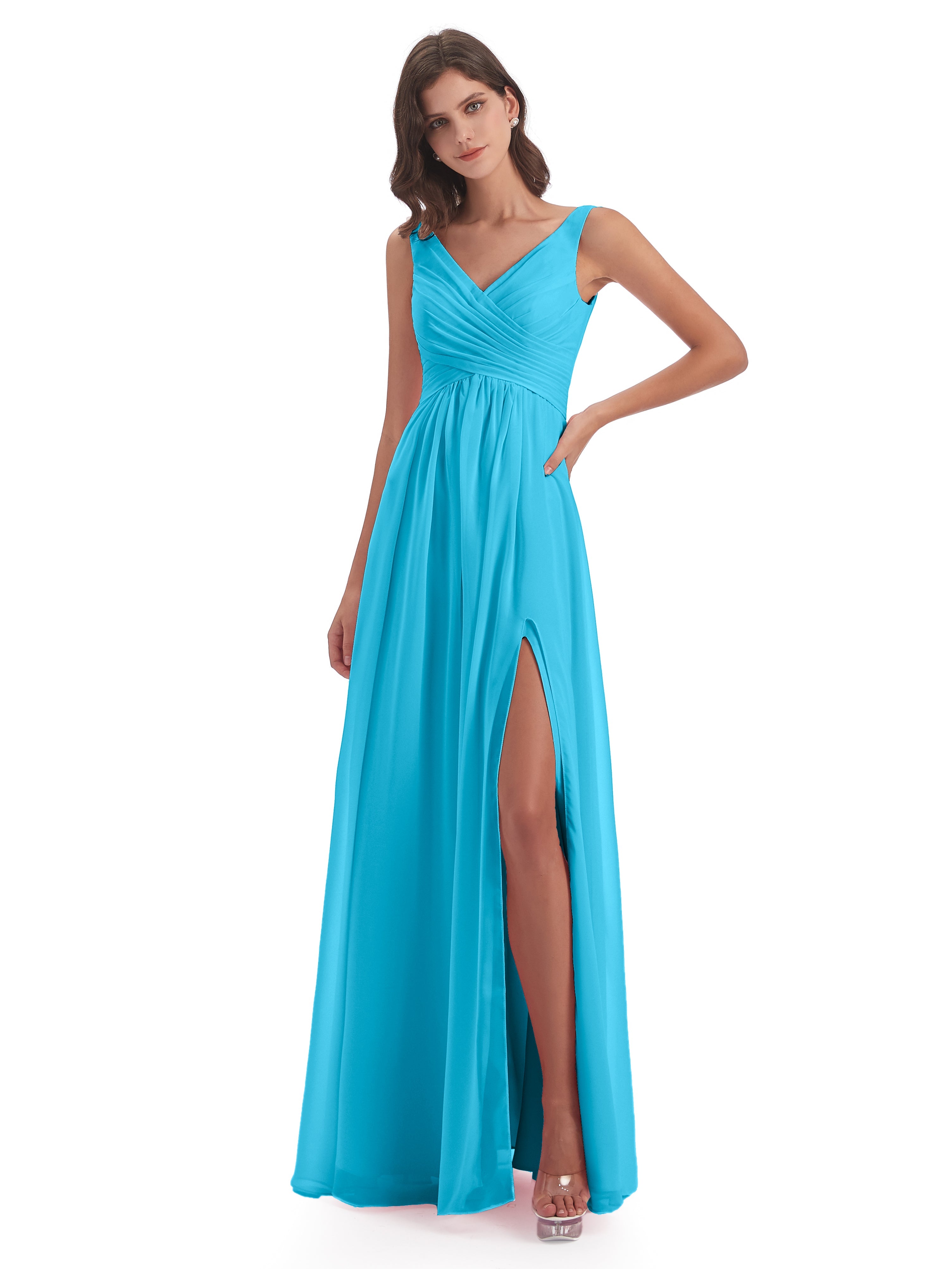 Robe De Demoiselle D'Honneur En Piscine Col V Fendue Mousseline Robes Demoiselle D'Honneur