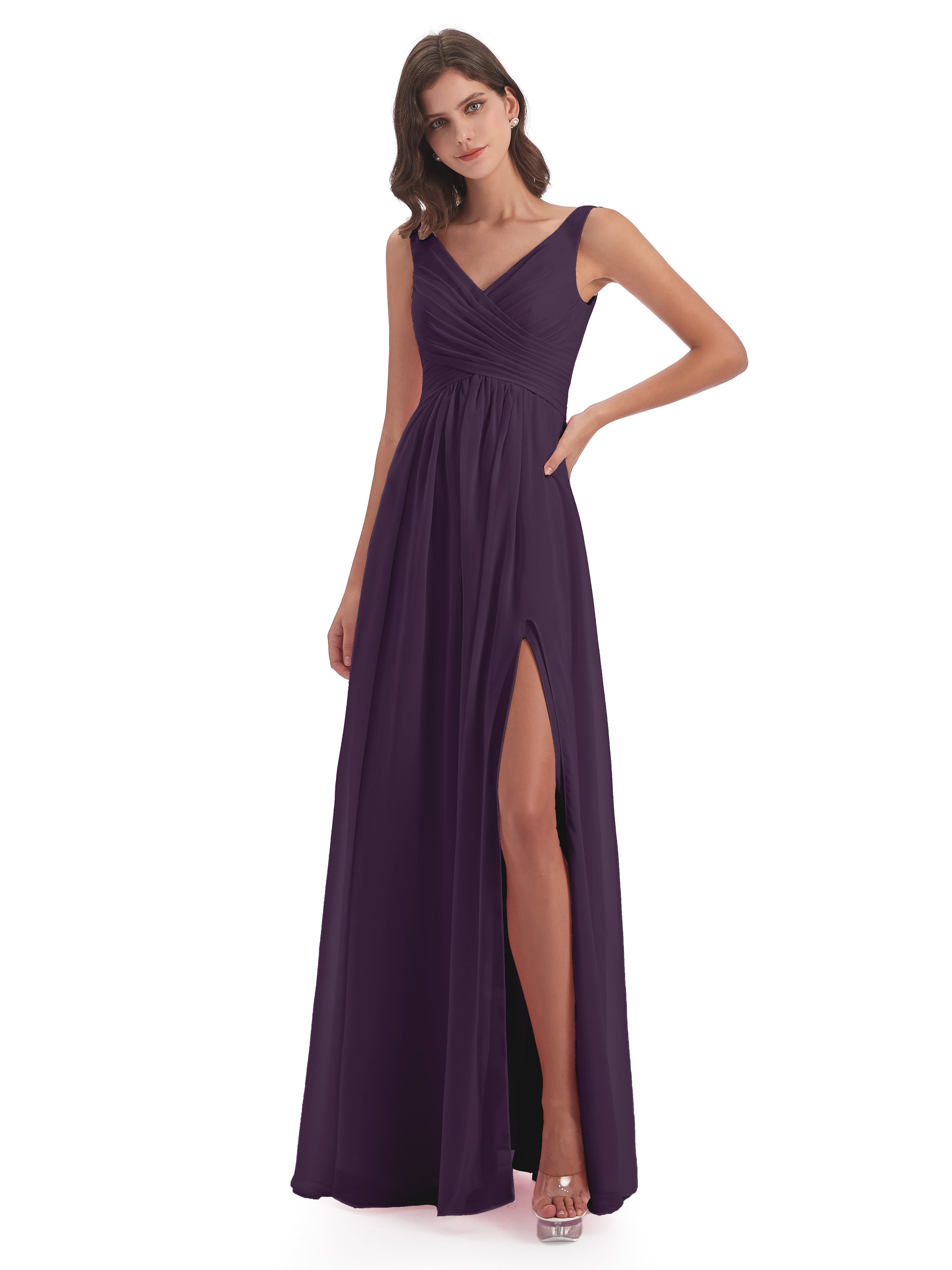 Robe De Demoiselle D'Honneur En Plum Col V Fendue Mousseline Robes Demoiselle D'Honneur