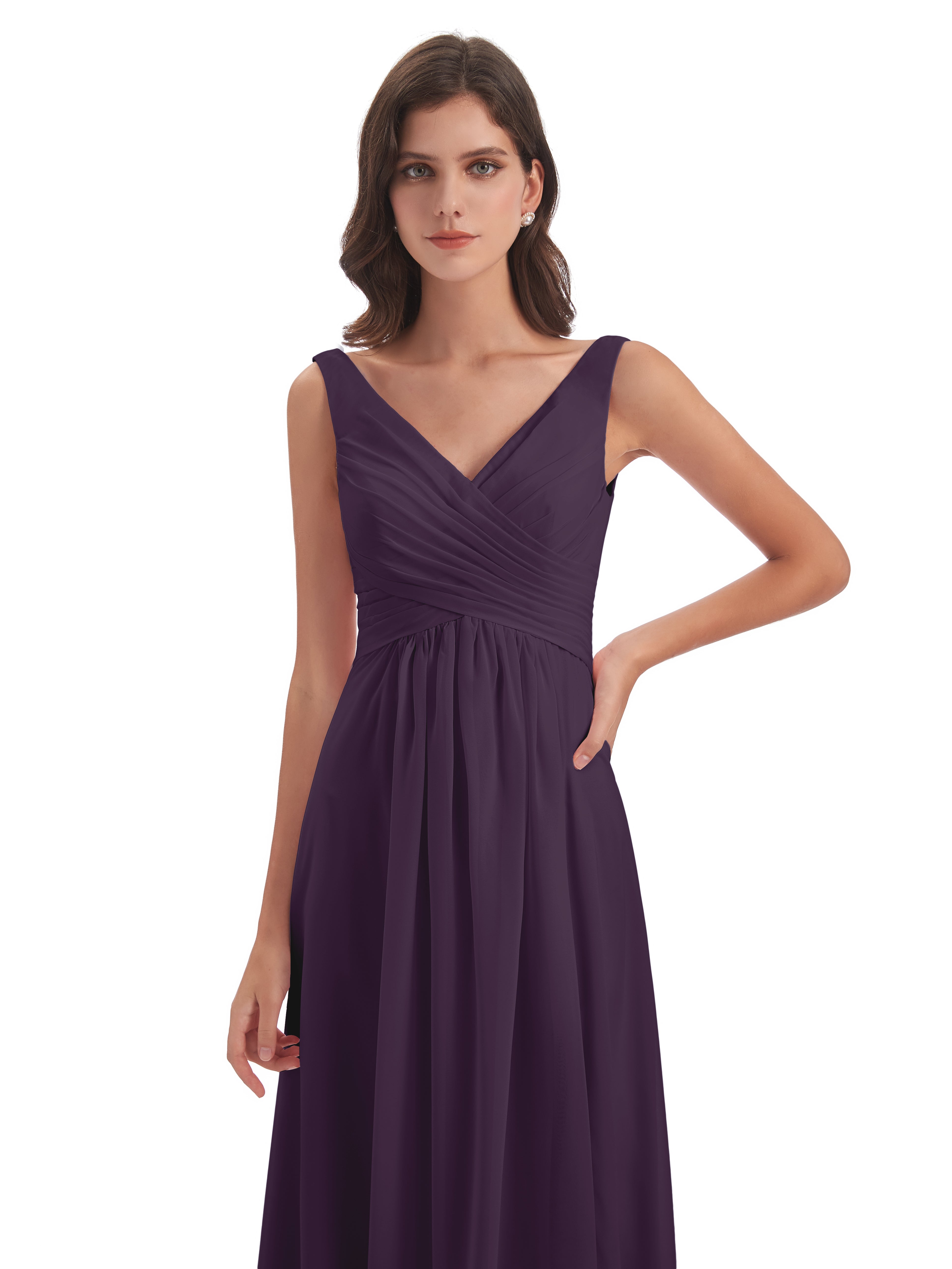 Robe De Demoiselle D'Honneur En Plum Col V Fendue Mousseline Robes Demoiselle D'Honneur