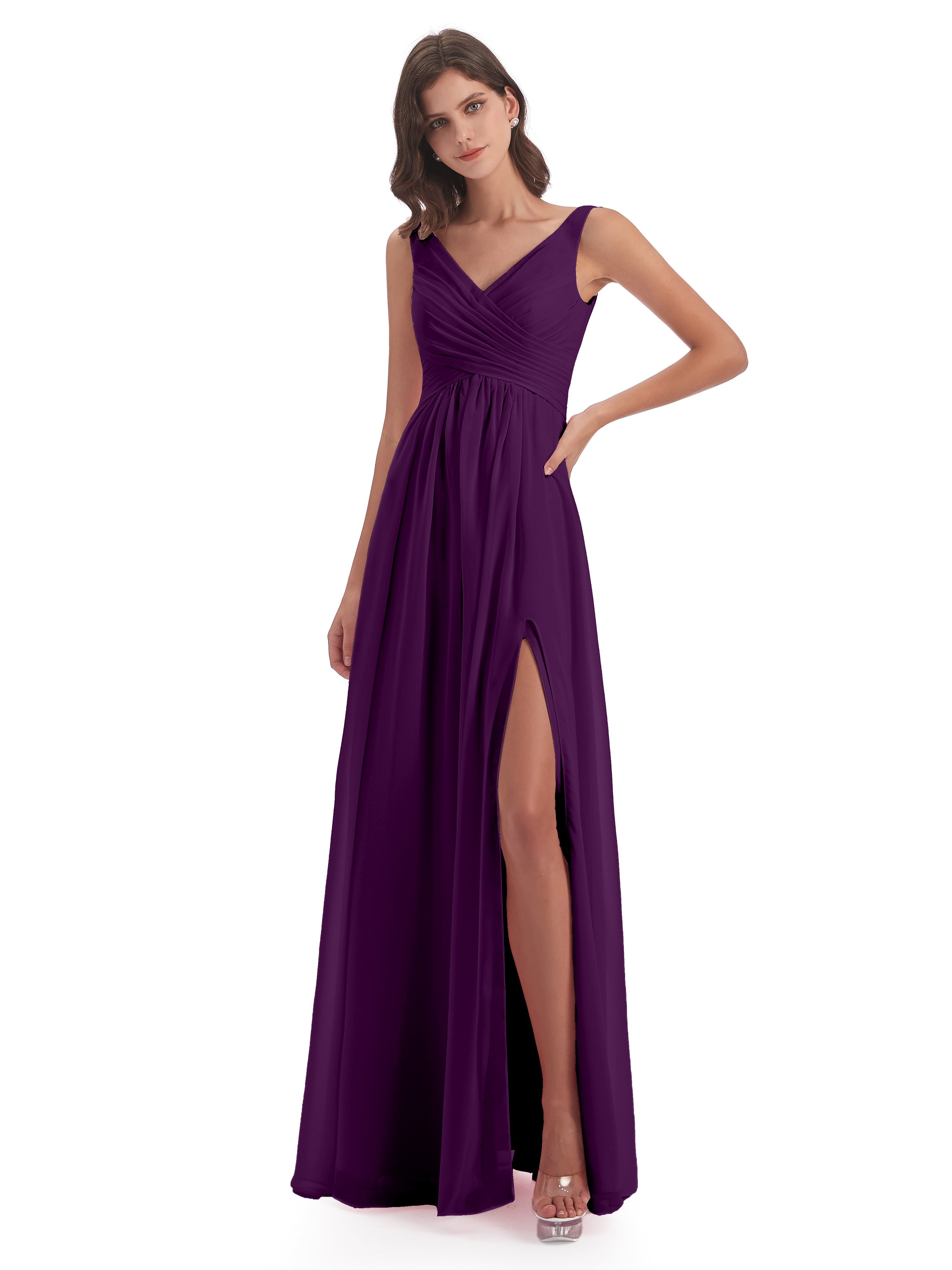 Robes De Demoiselle D'Honneur En Raisin Col V Fendue Mousseline Robes Demoiselle D'Honneur