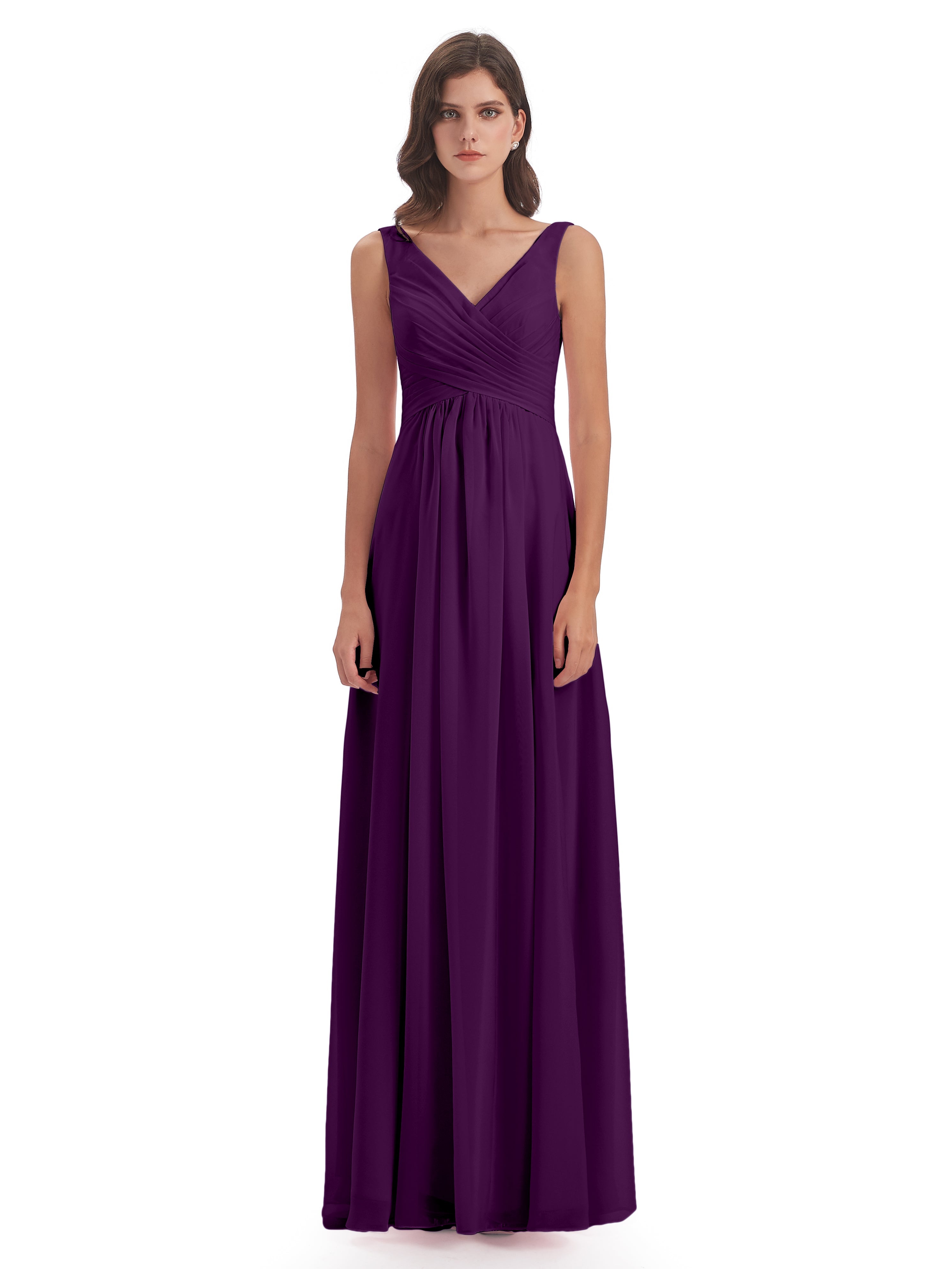Robes De Demoiselle D'Honneur En Raisin Col V Fendue Mousseline Robes Demoiselle D'Honneur