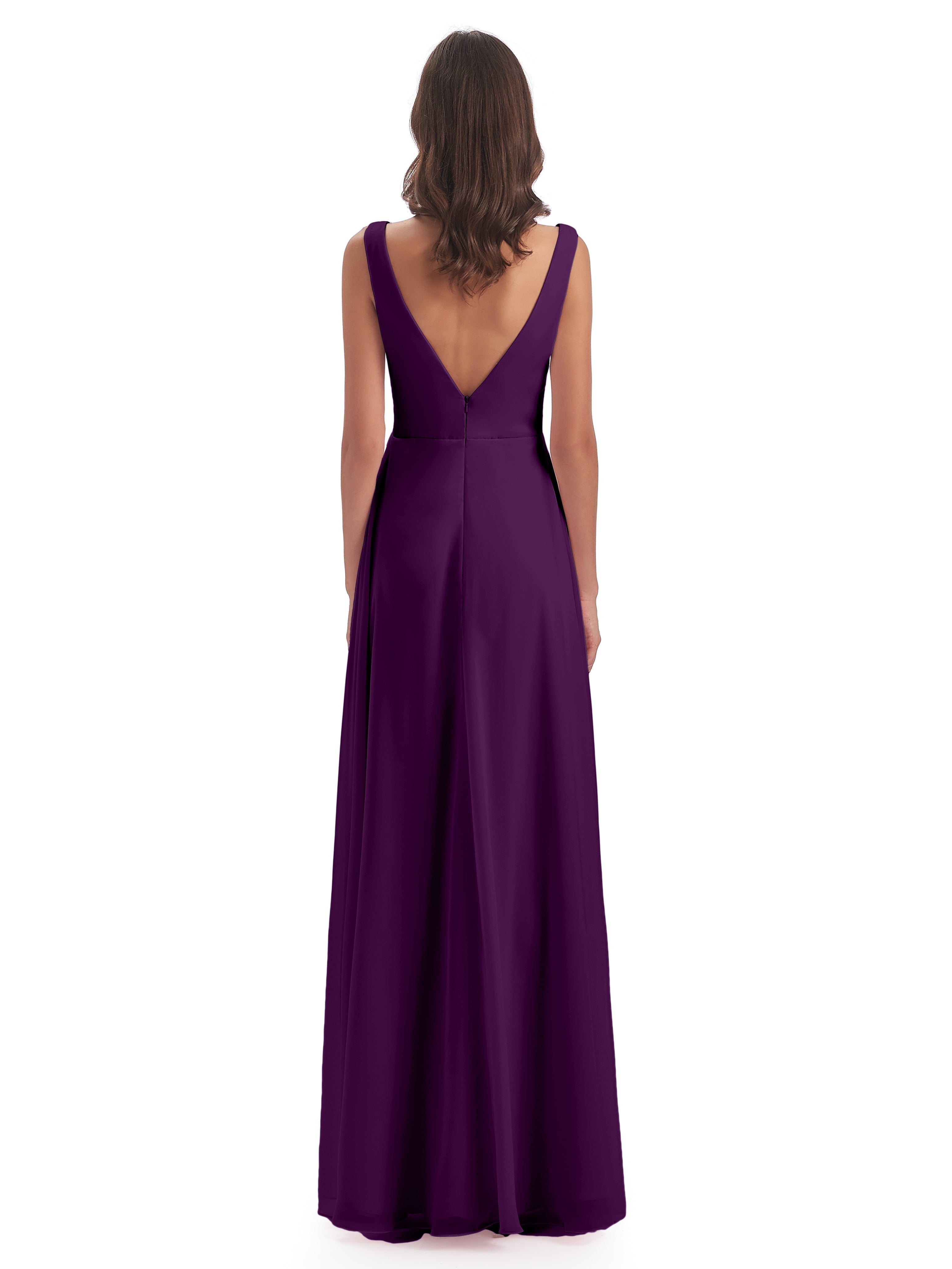Robes De Demoiselle D'Honneur En Raisin Col V Fendue Mousseline Robes Demoiselle D'Honneur