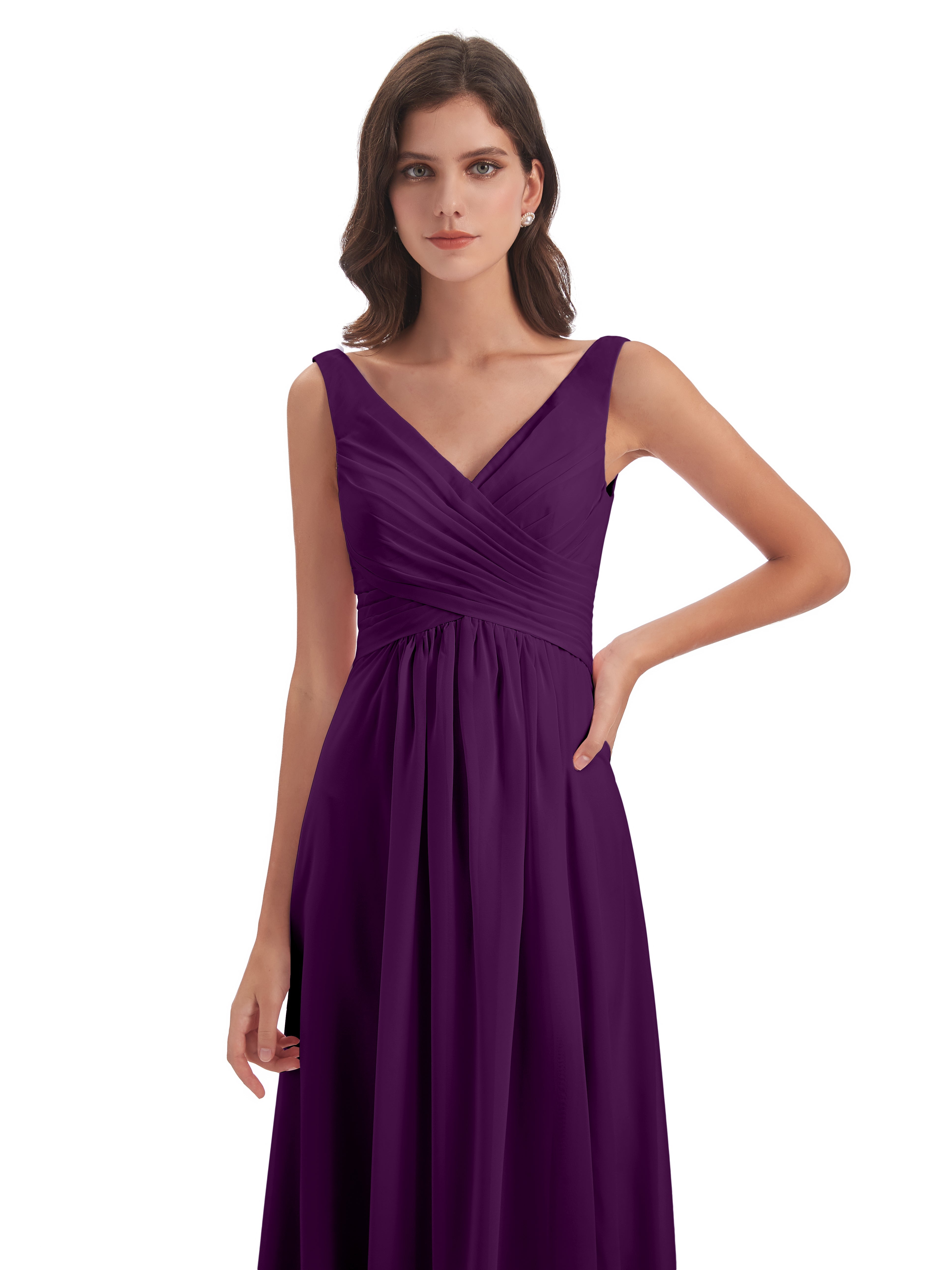 Robes De Demoiselle D'Honneur En Raisin Col V Fendue Mousseline Robes Demoiselle D'Honneur