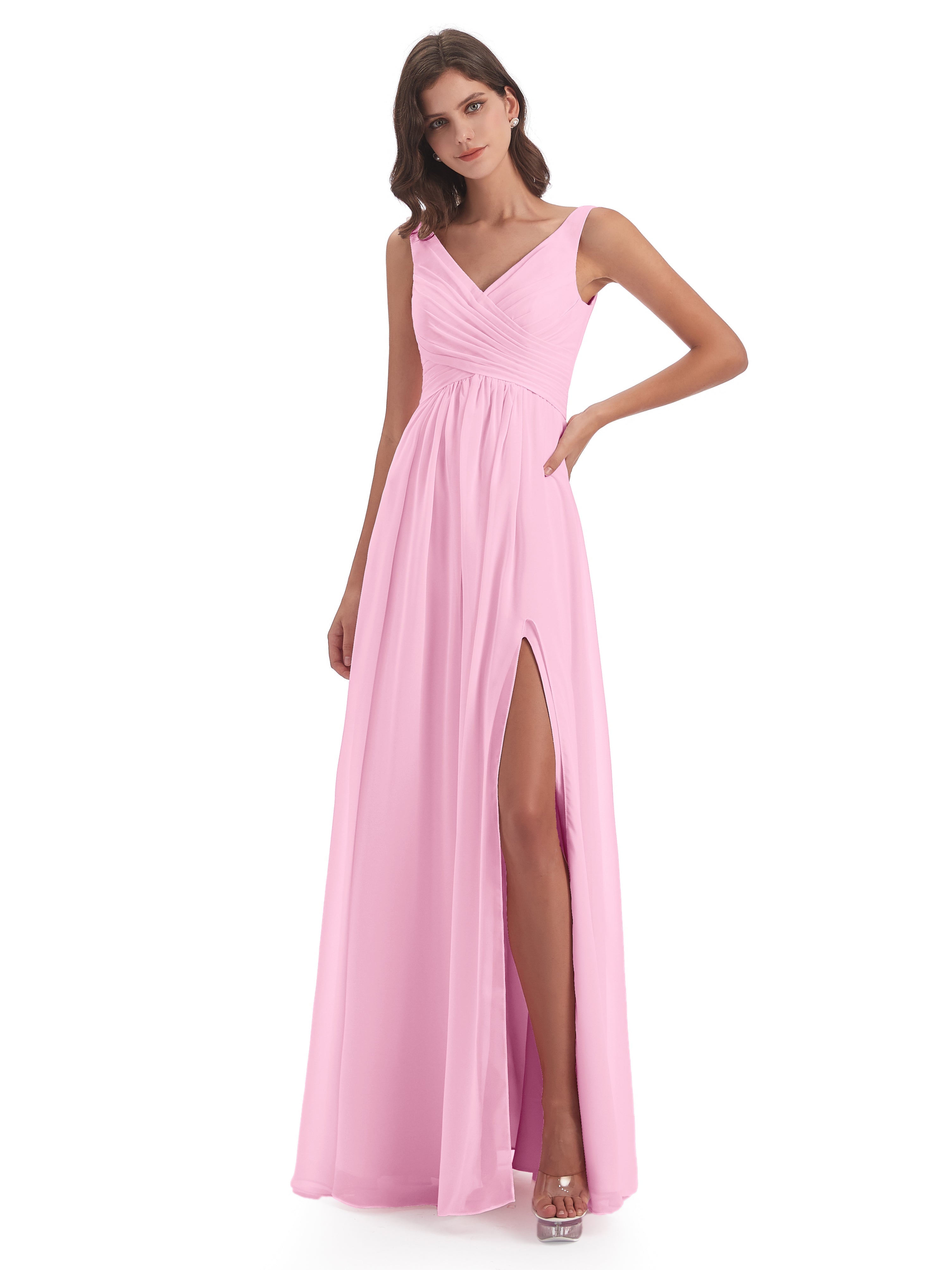 Robes De Demoiselle D'Honneur Rose Bonbon Col V Fendue Mousseline Robes Demoiselle D'Honneur