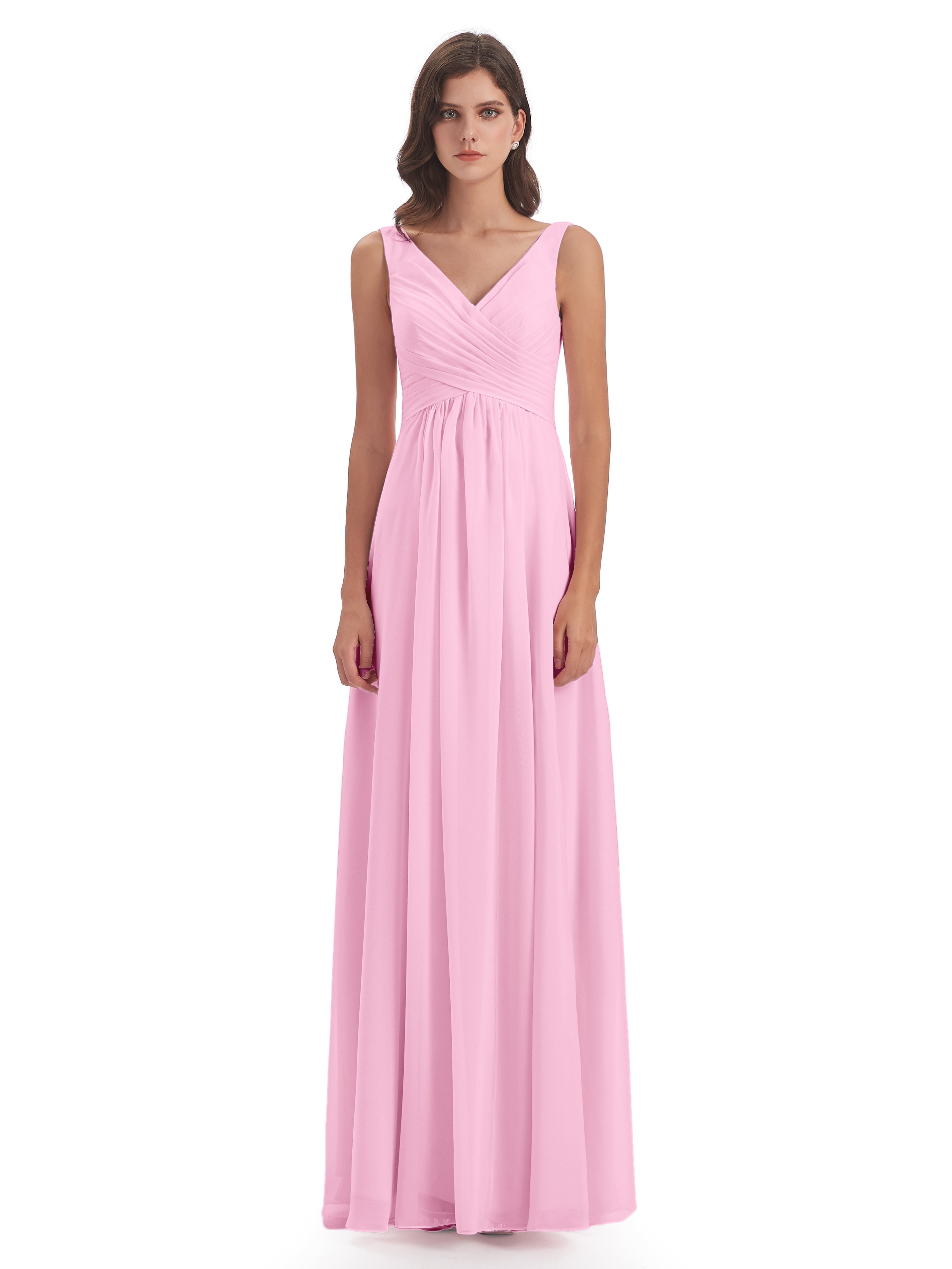 Robes De Demoiselle D'Honneur Rose Bonbon Col V Fendue Mousseline Robes Demoiselle D'Honneur
