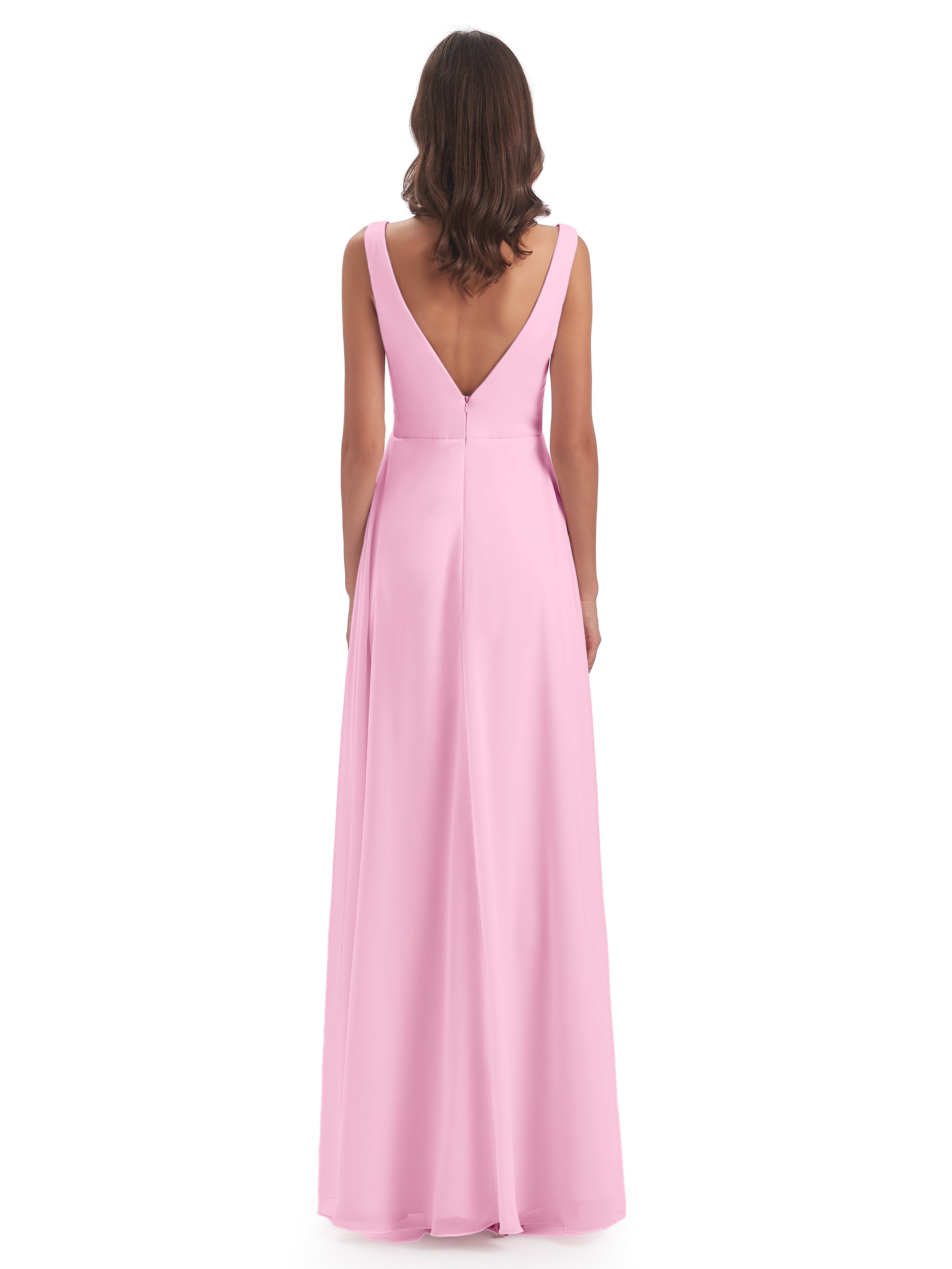 Robes De Demoiselle D'Honneur Rose Bonbon Col V Fendue Mousseline Robes Demoiselle D'Honneur
