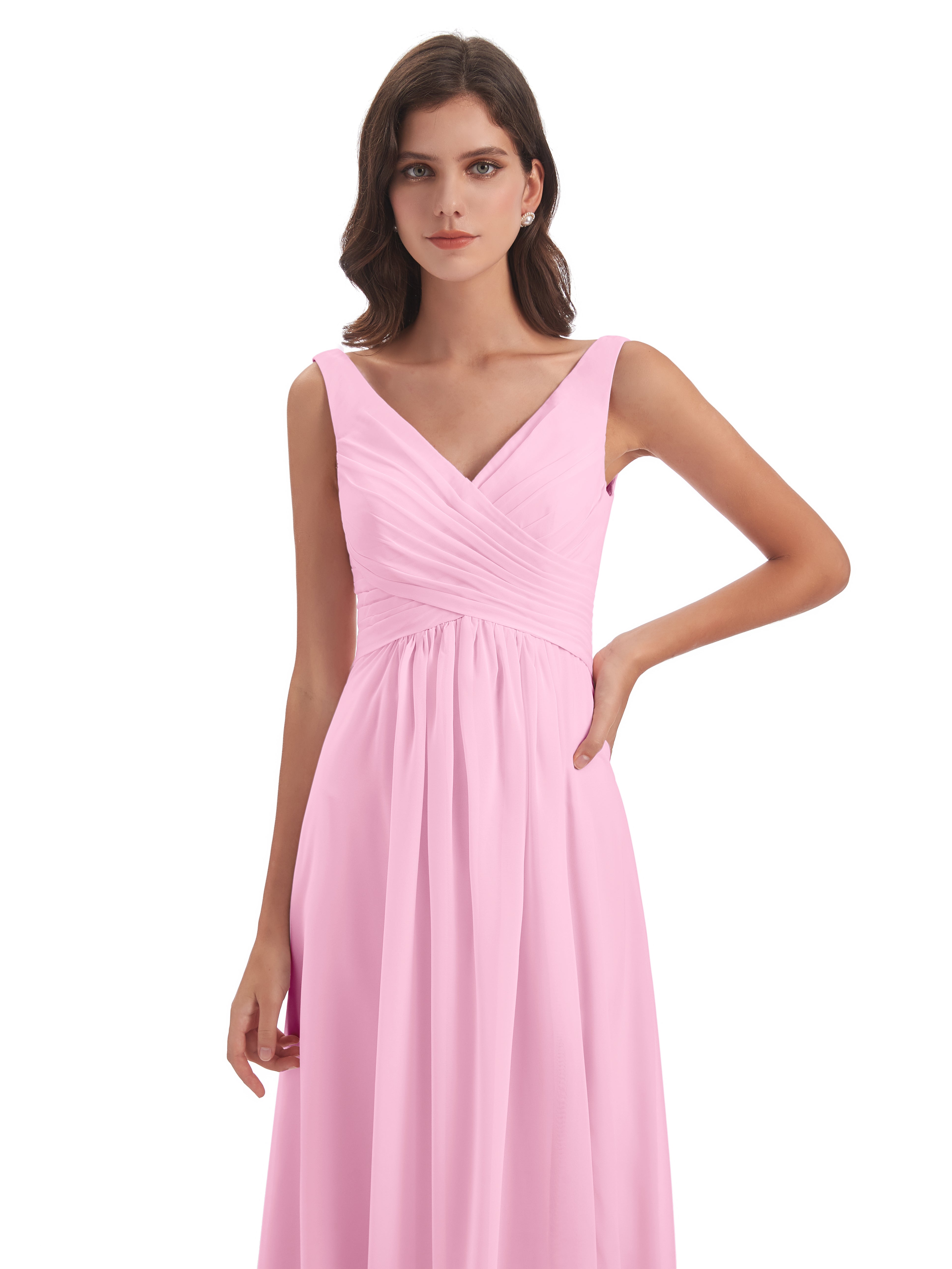 Robes De Demoiselle D'Honneur Rose Bonbon Col V Fendue Mousseline Robes Demoiselle D'Honneur