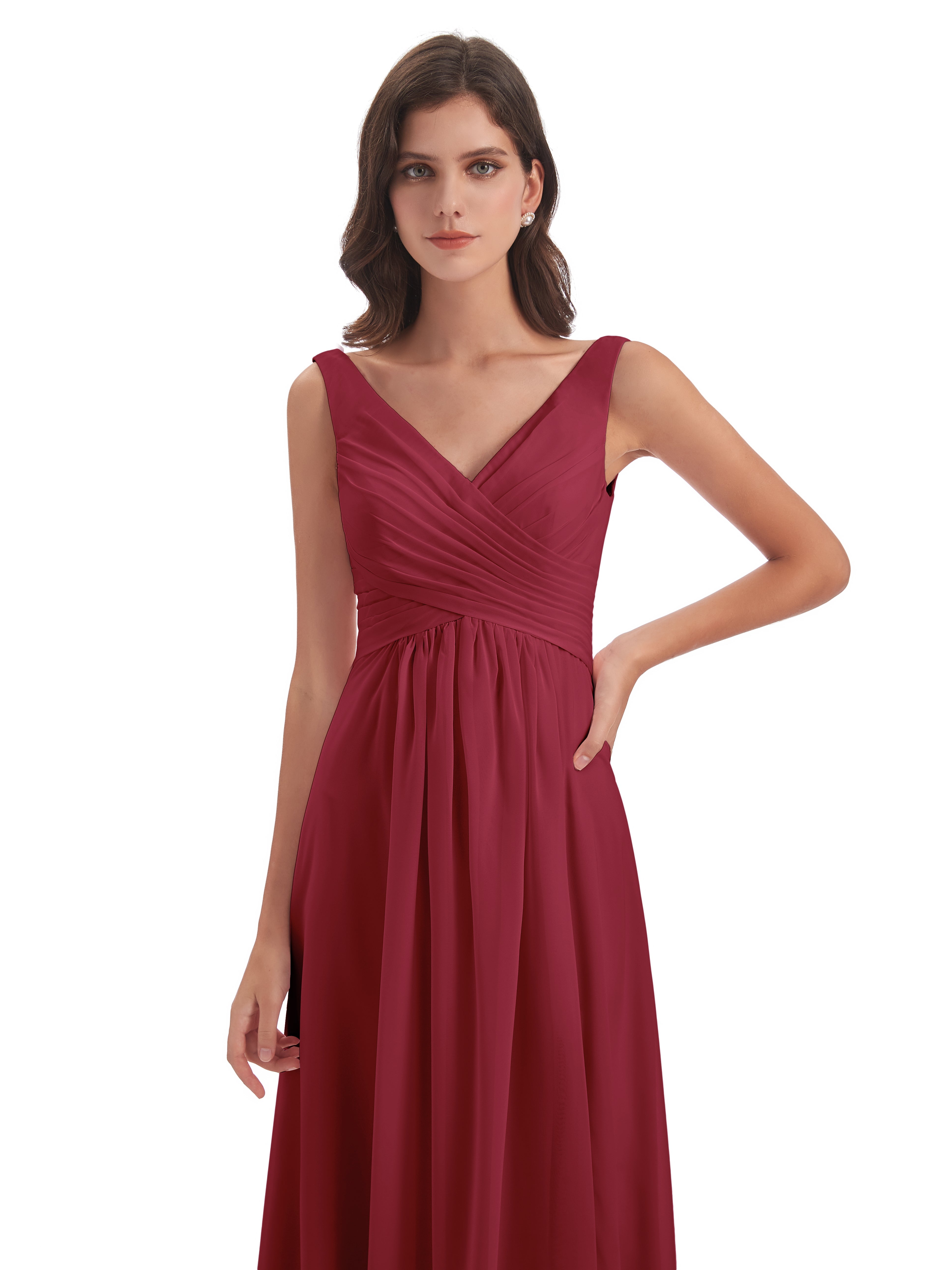 Couleur Rose Cannelle Col V Fendue Mousseline Robes Demoiselle D'Honneur