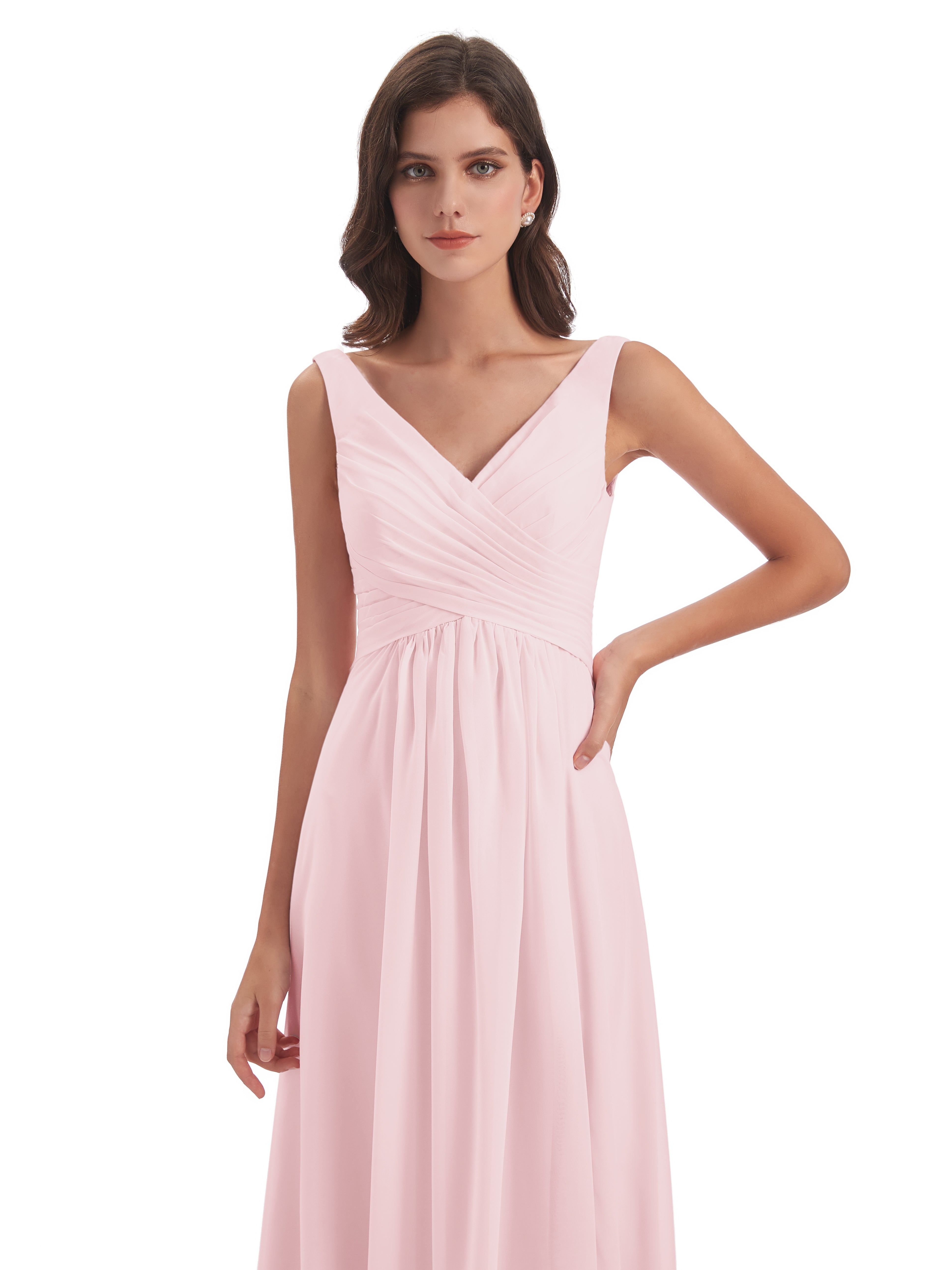 Robe Demoiselle Honneur Rose Pale Col V Fendue Mousseline Robes Demoiselle D'Honneur