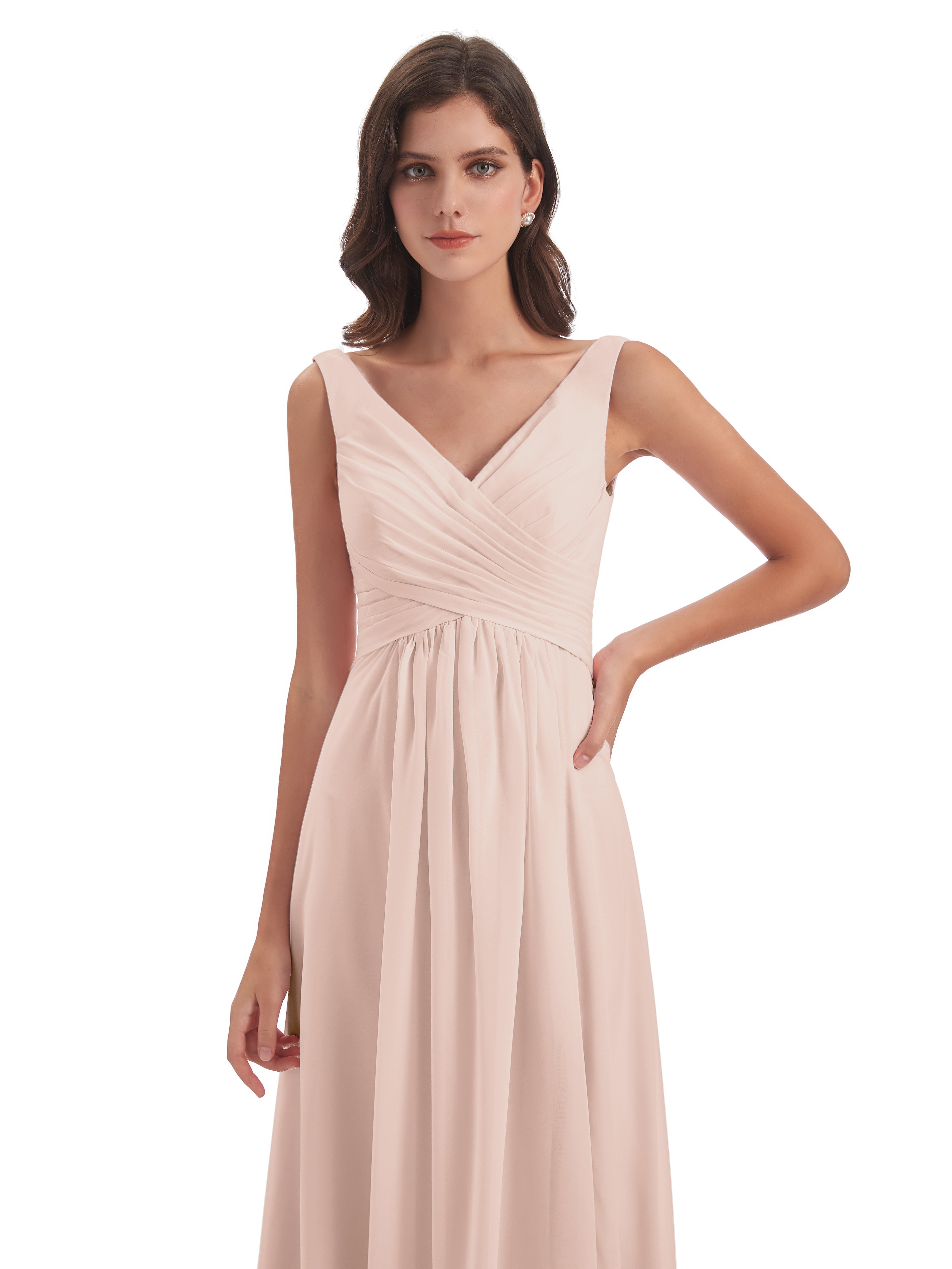 Robe De Demoiselle D'Honneur En Perles Col V Fendue Mousseline Robes Demoiselle D'Honneur