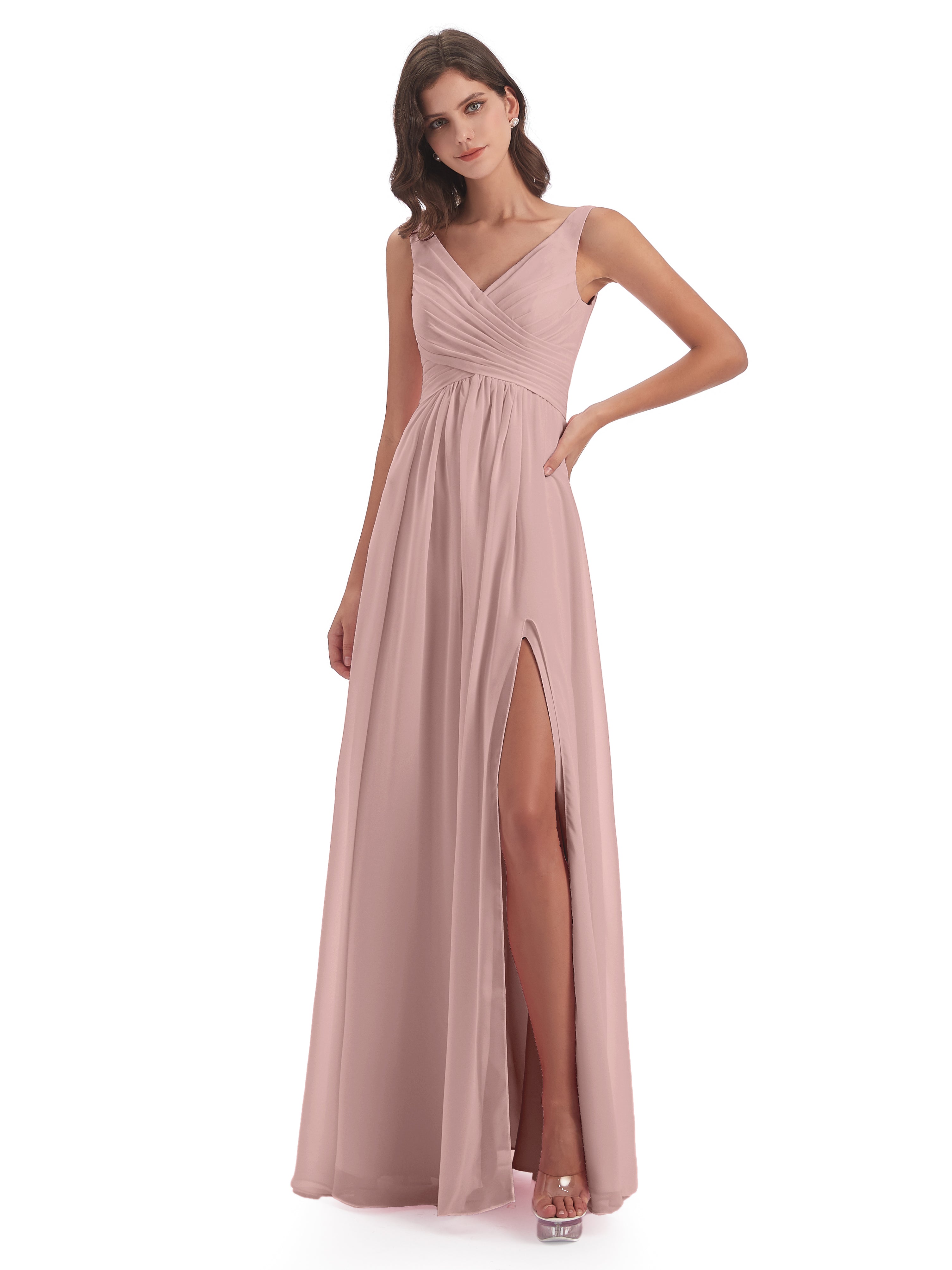 Robe De Demoiselle D Honneur Rose Poudré Col V Fendue Mousseline Robes Demoiselle D'Honneur