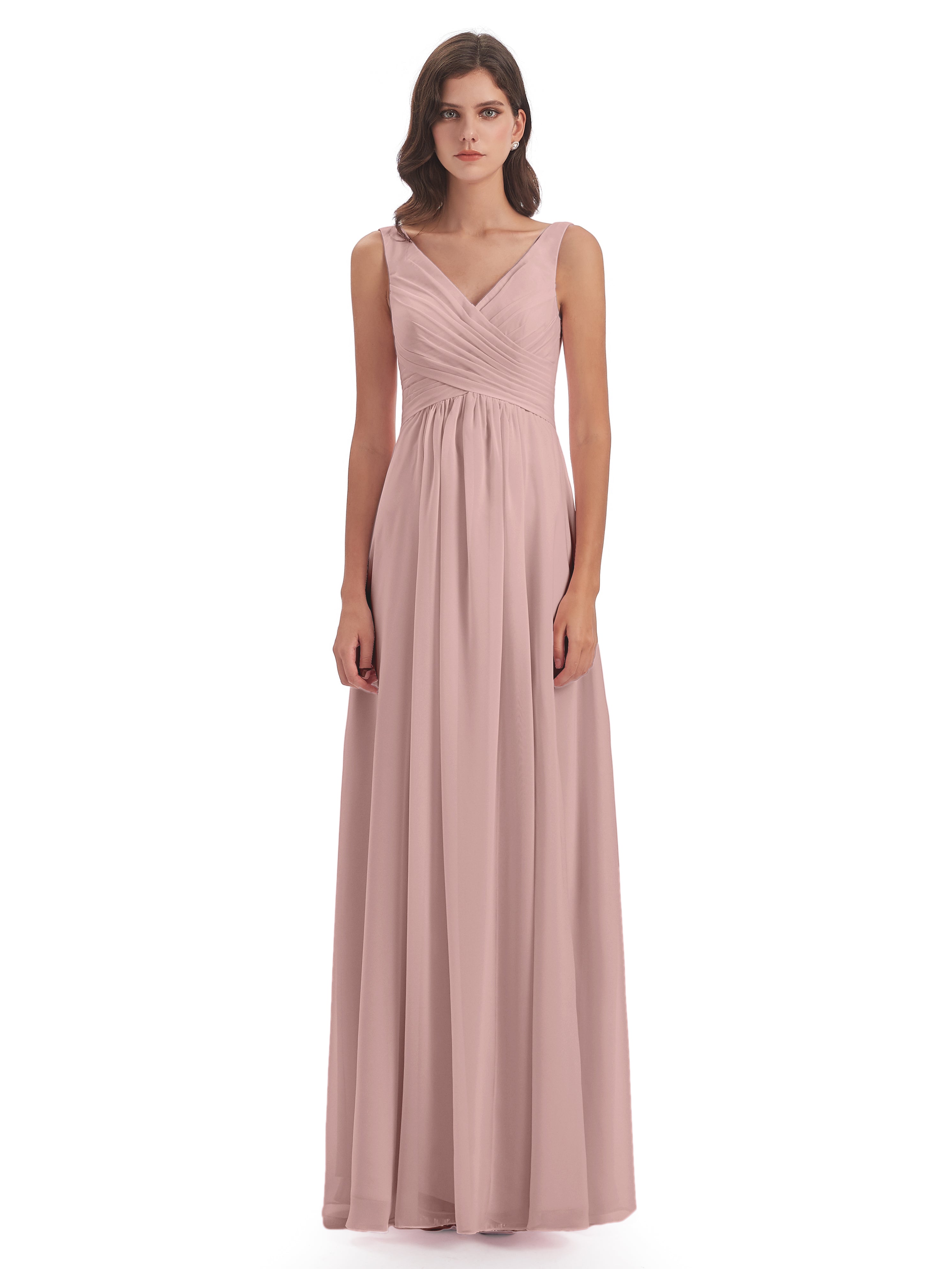 Robe De Demoiselle D Honneur Rose Poudré Col V Fendue Mousseline Robes Demoiselle D'Honneur