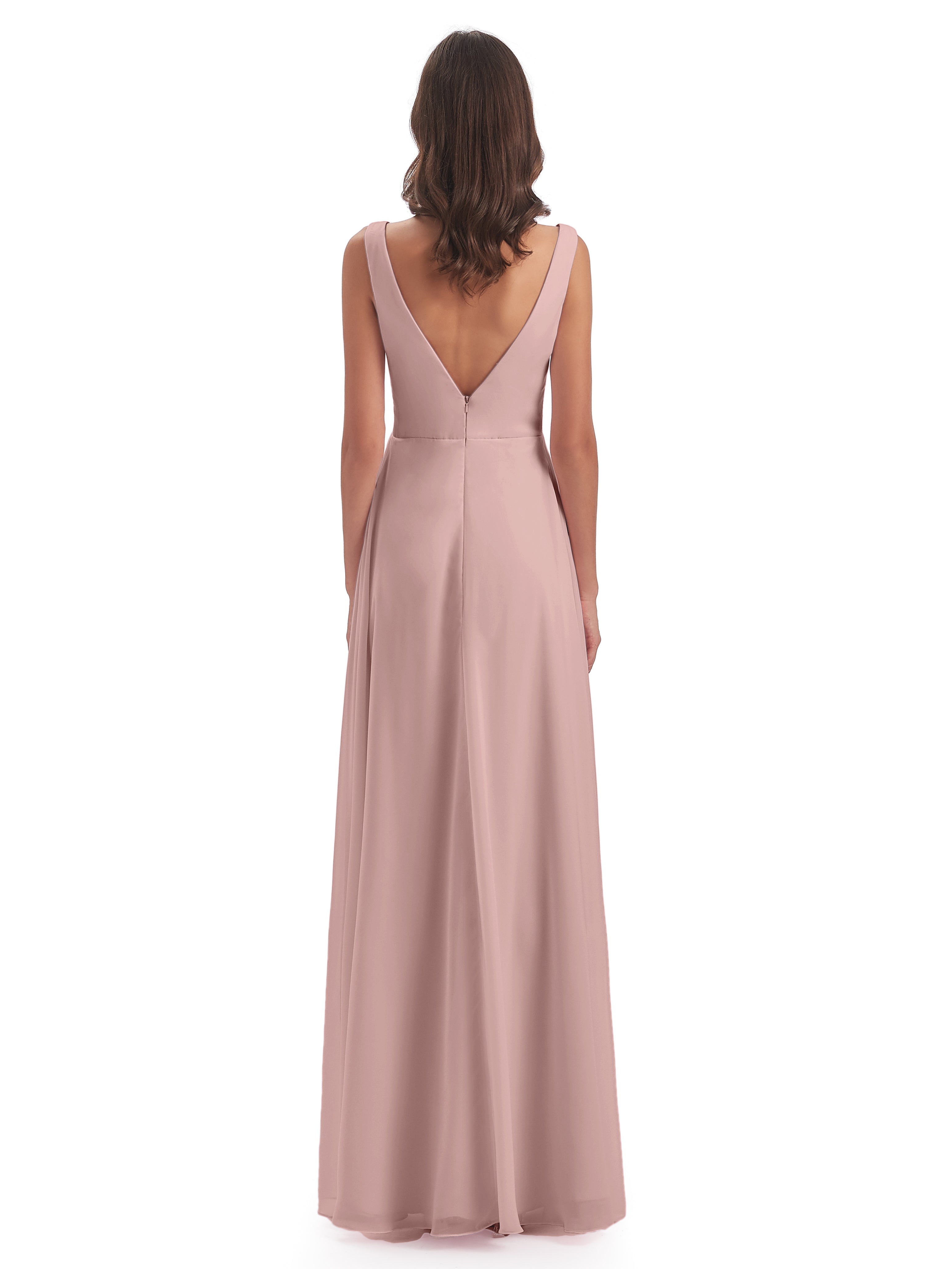 Robe De Demoiselle D Honneur Rose Poudré Col V Fendue Mousseline Robes Demoiselle D'Honneur