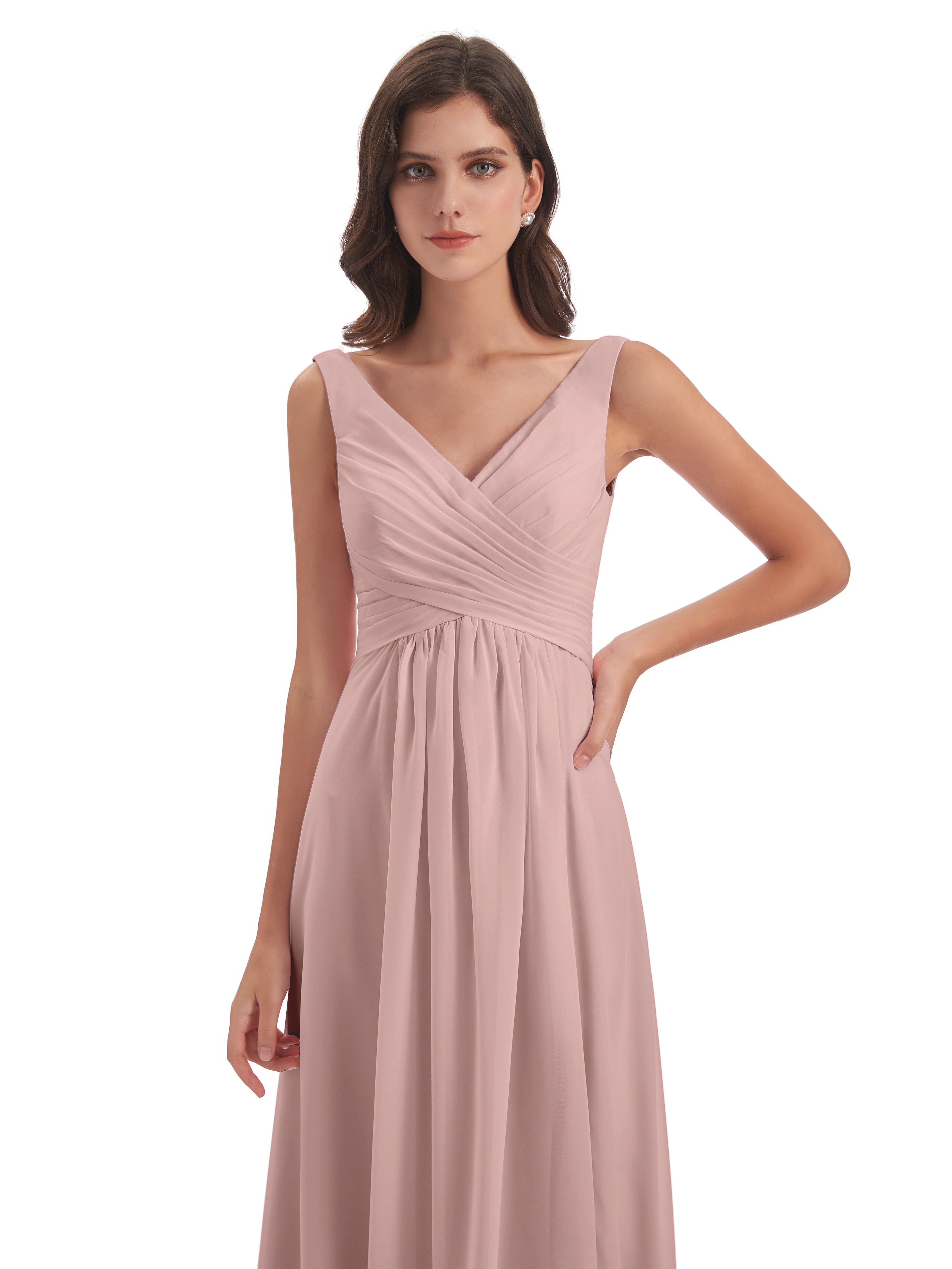 Robe De Demoiselle D Honneur Rose Poudré Col V Fendue Mousseline Robes Demoiselle D'Honneur