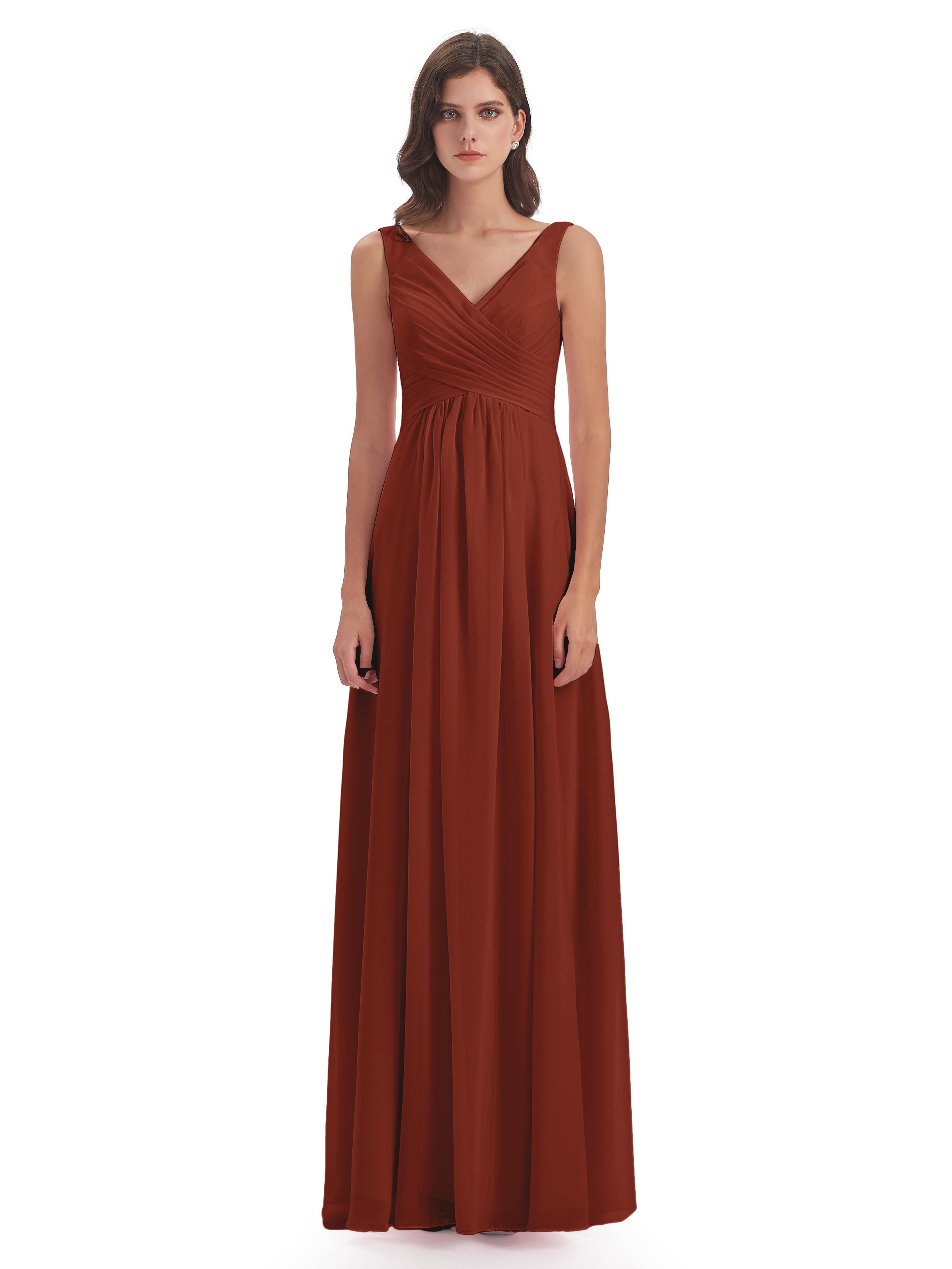 Robe Demoiselle D Honneur Couleur Rouille Col V Fendue Mousseline Robes Demoiselle D'Honneur