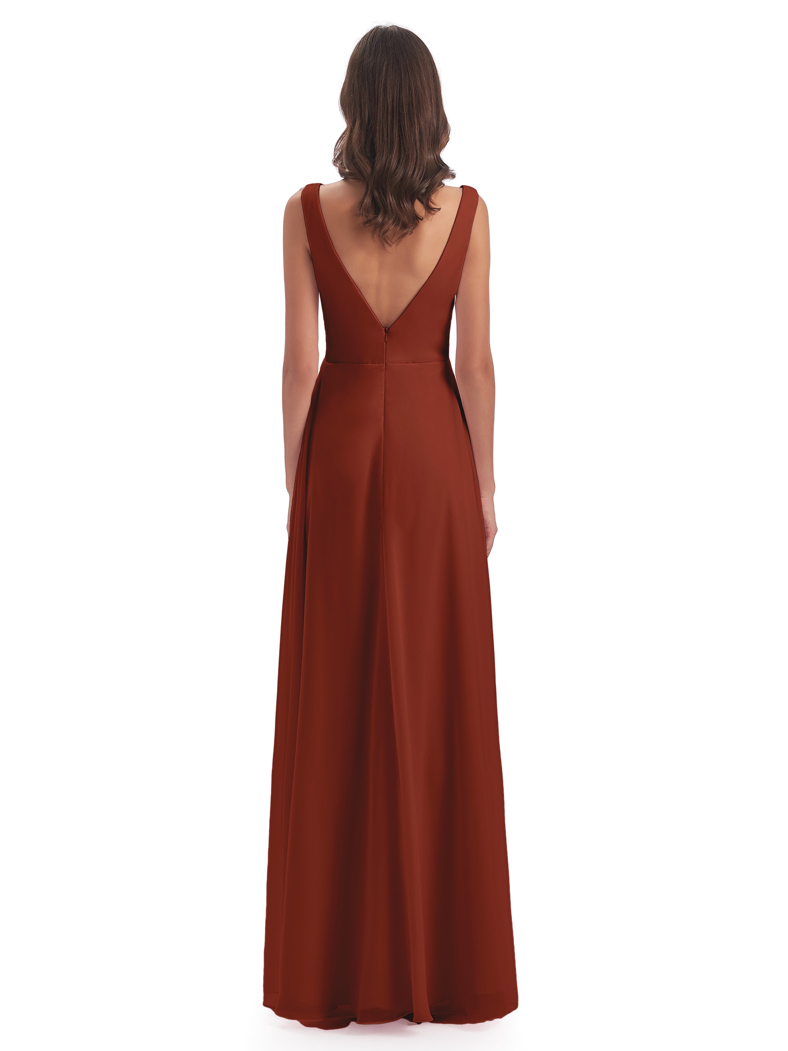 Robe Demoiselle D Honneur Couleur Rouille Col V Fendue Mousseline Robes Demoiselle D'Honneur
