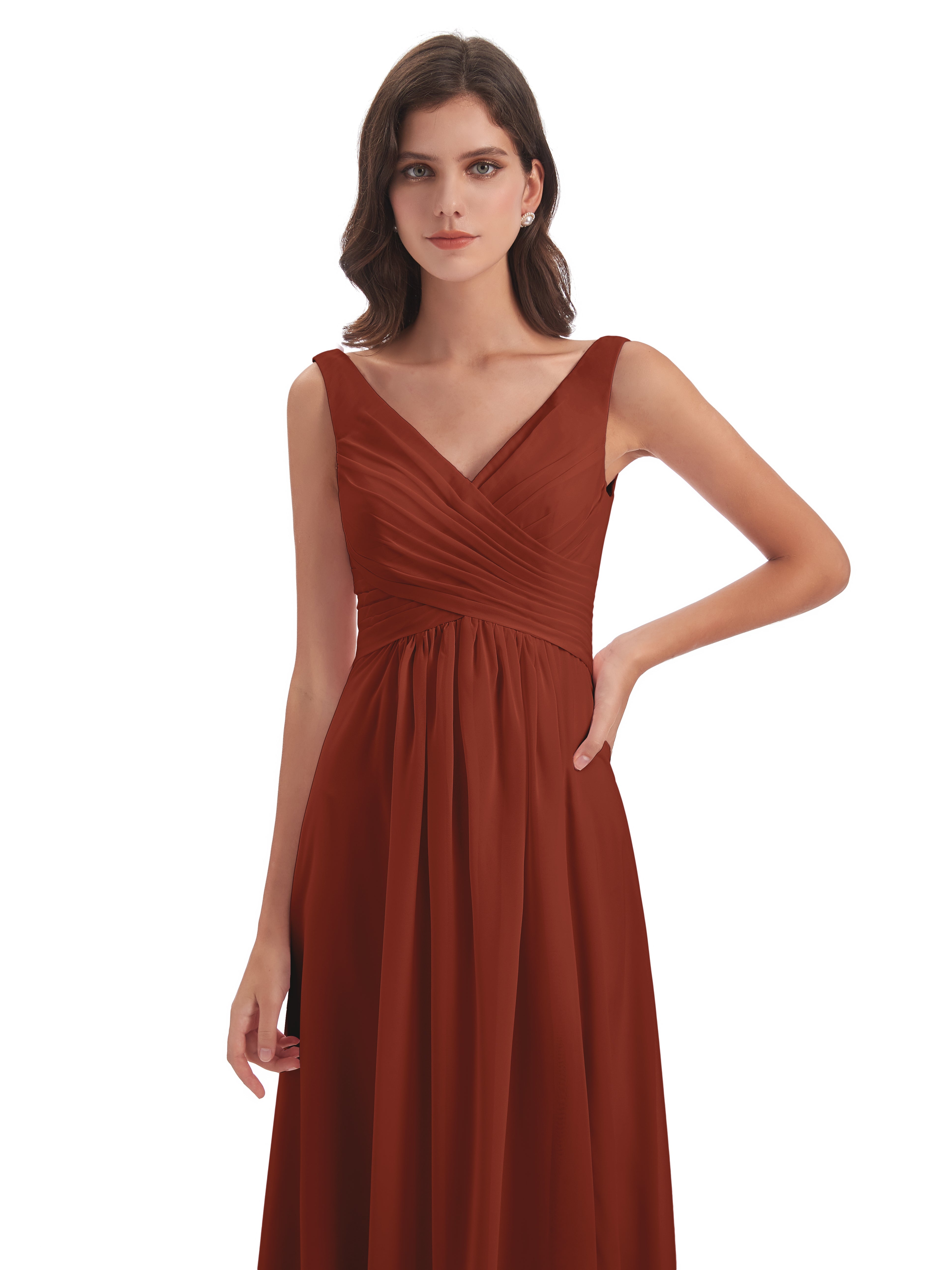 Robe Demoiselle D Honneur Couleur Rouille Col V Fendue Mousseline Robes Demoiselle D'Honneur