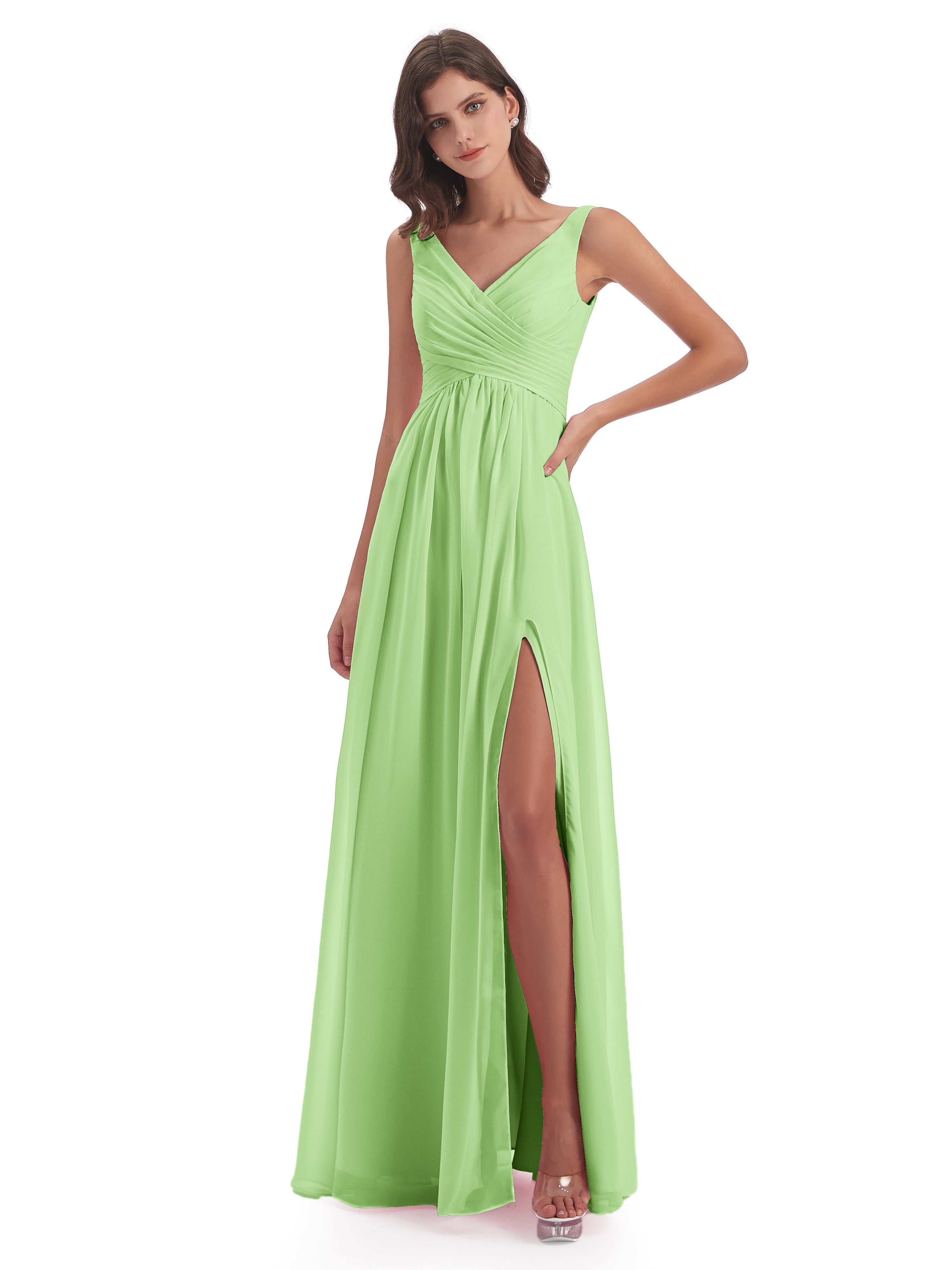 Robe Demoiselle Vert Sauge Col V Fendue Mousseline Robes Demoiselle D'Honneur