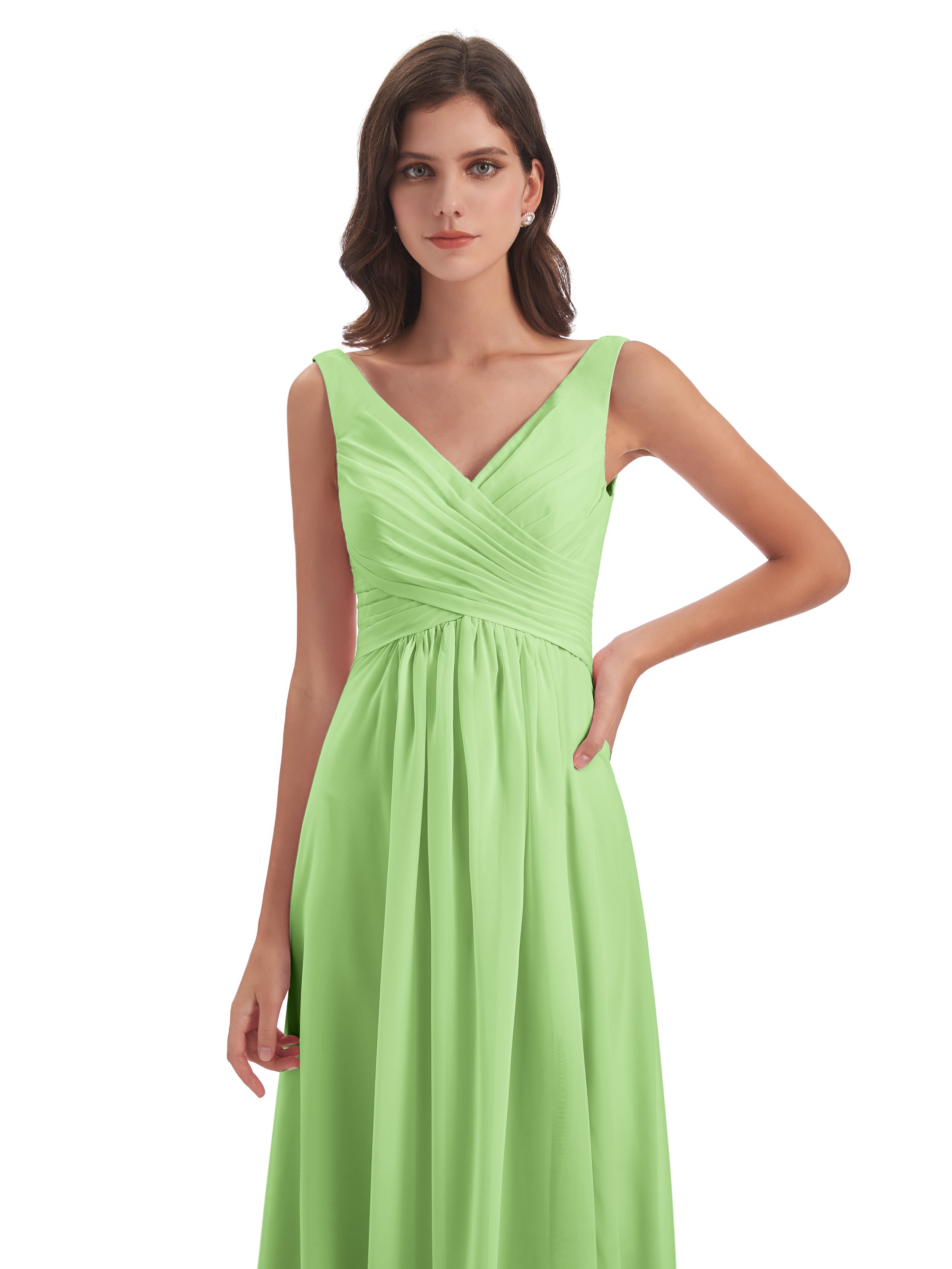 Robe Demoiselle Vert Sauge Col V Fendue Mousseline Robes Demoiselle D'Honneur
