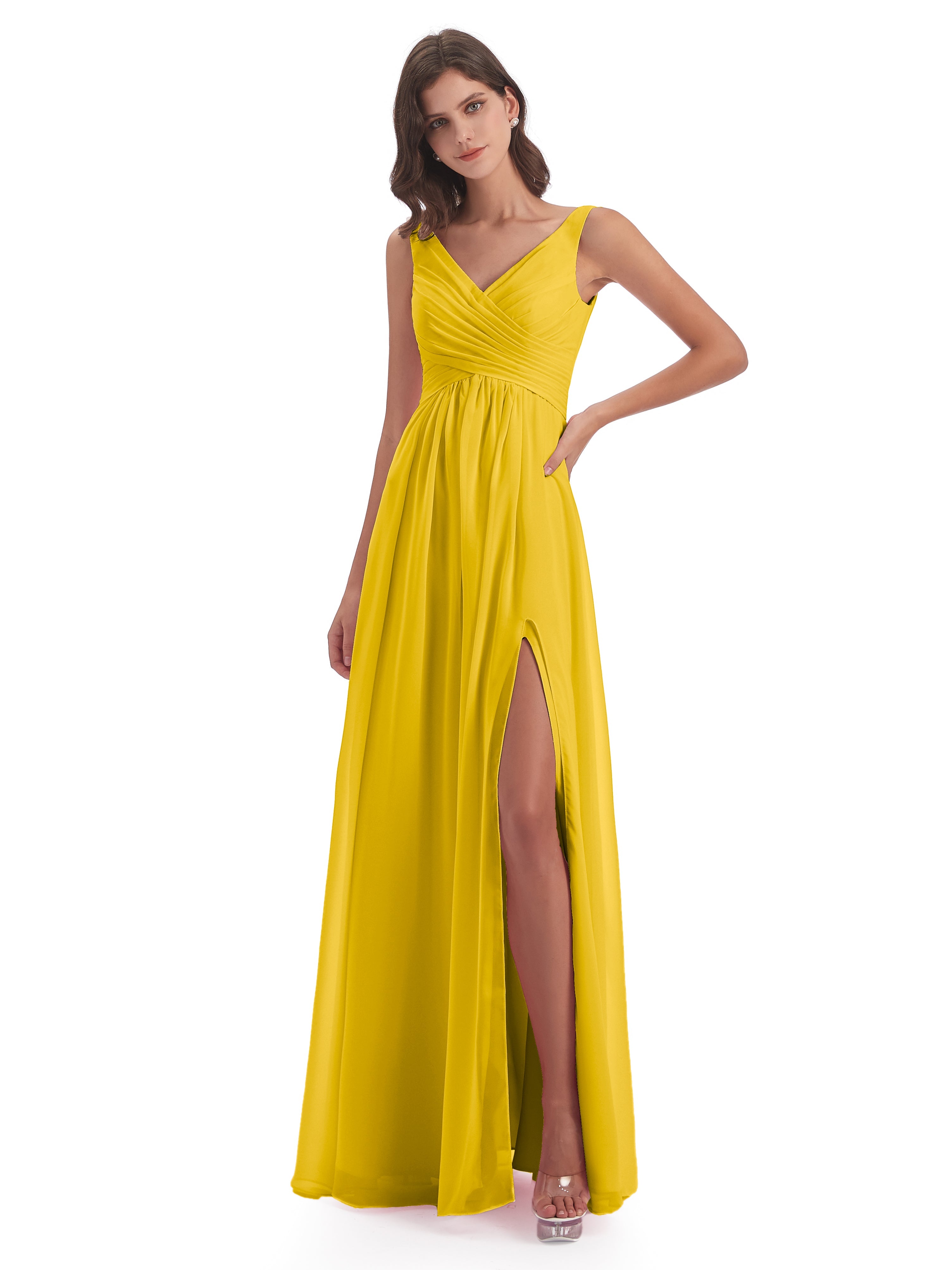 Robe De Demoiselle D'Honneur Souci Col V Fendue Mousseline Robes Demoiselle D'Honneur