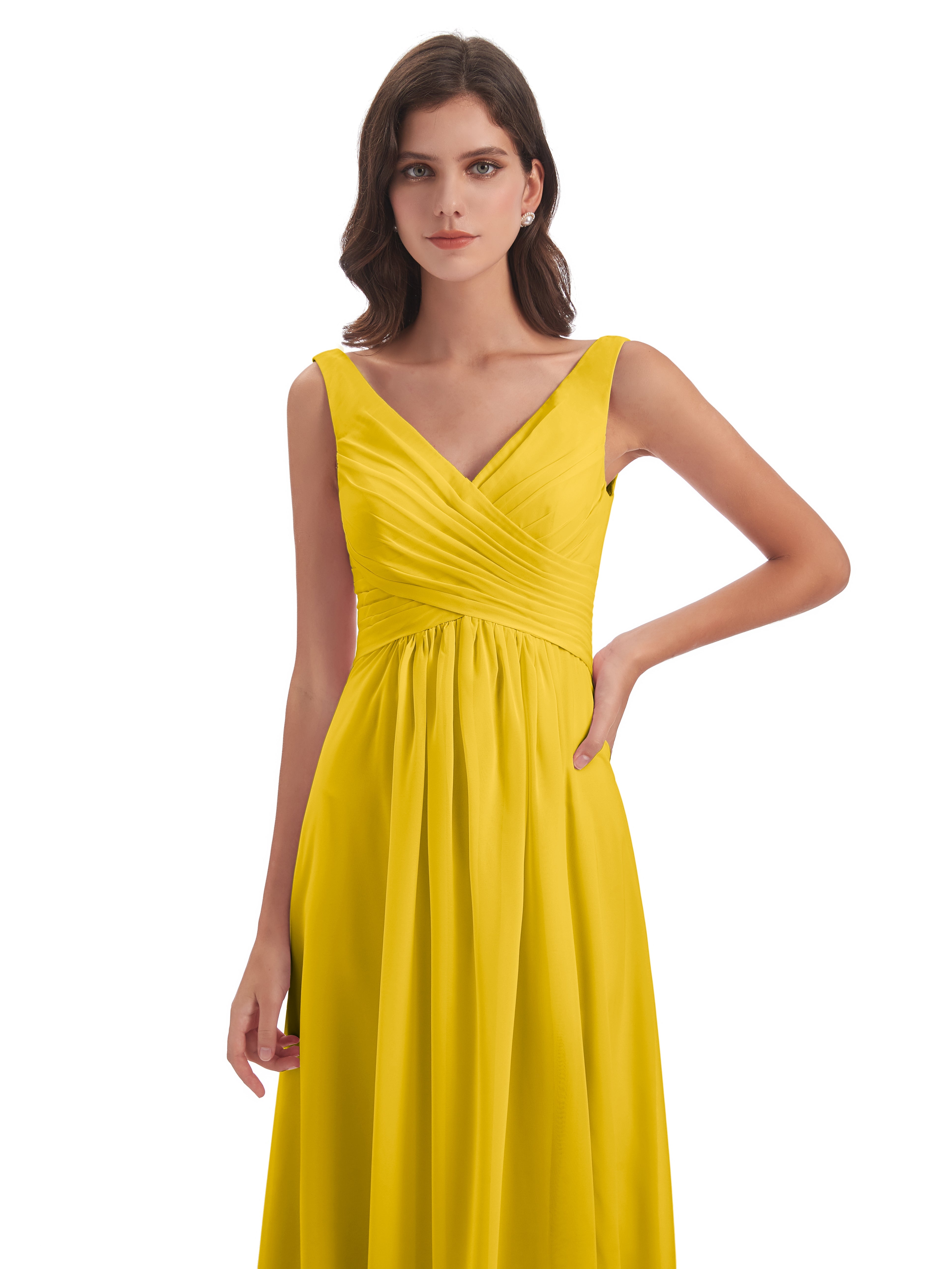 Robe De Demoiselle D'Honneur Souci Col V Fendue Mousseline Robes Demoiselle D'Honneur